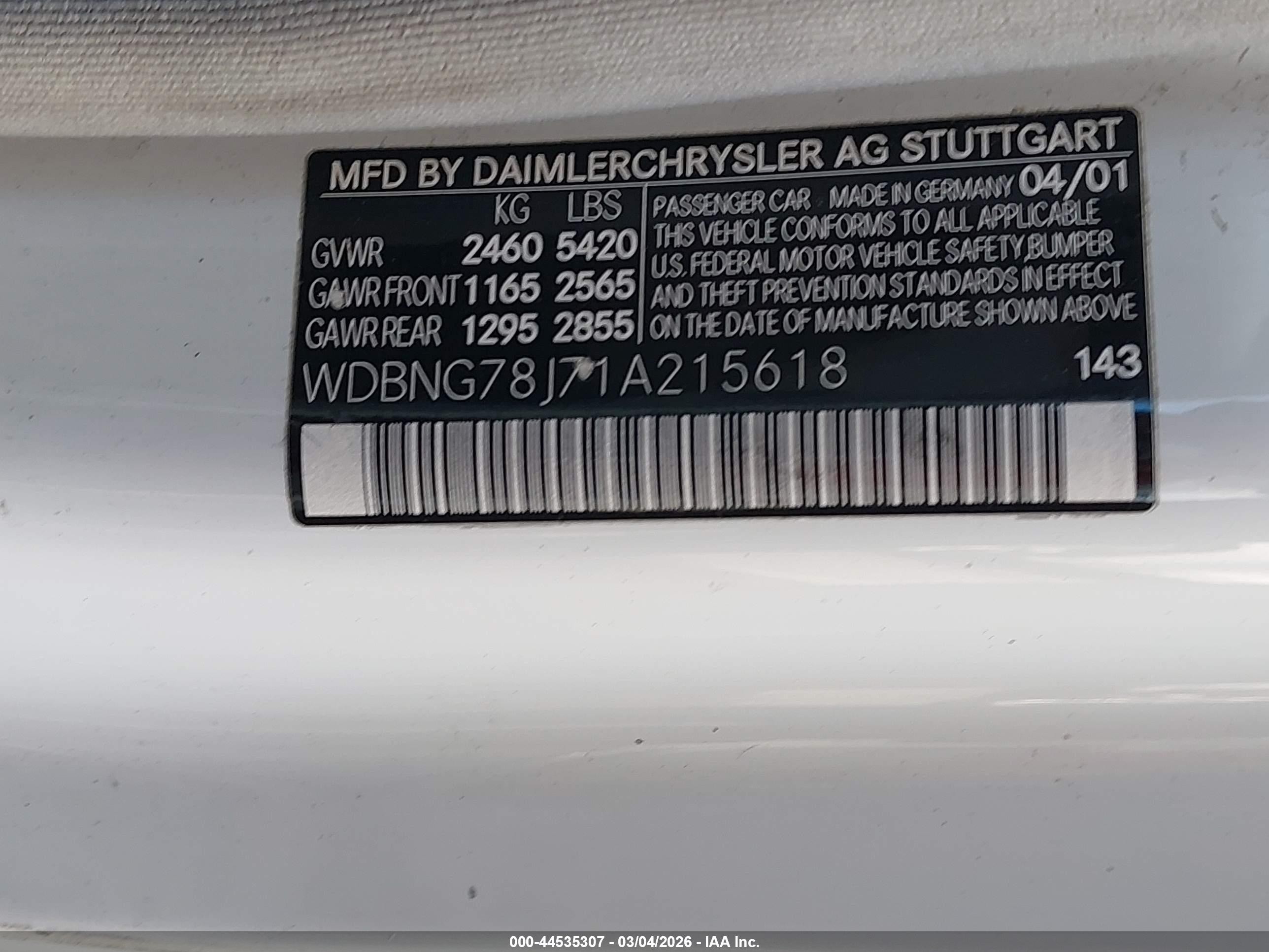 2001 Mercedes-benz S 600   White vin: WDBNG78J71A215618