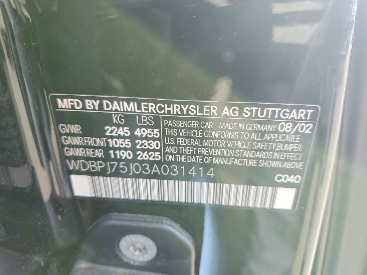 2003 Mercedes-benz Cl 500 Black vin: WDBPJ75J03A031414