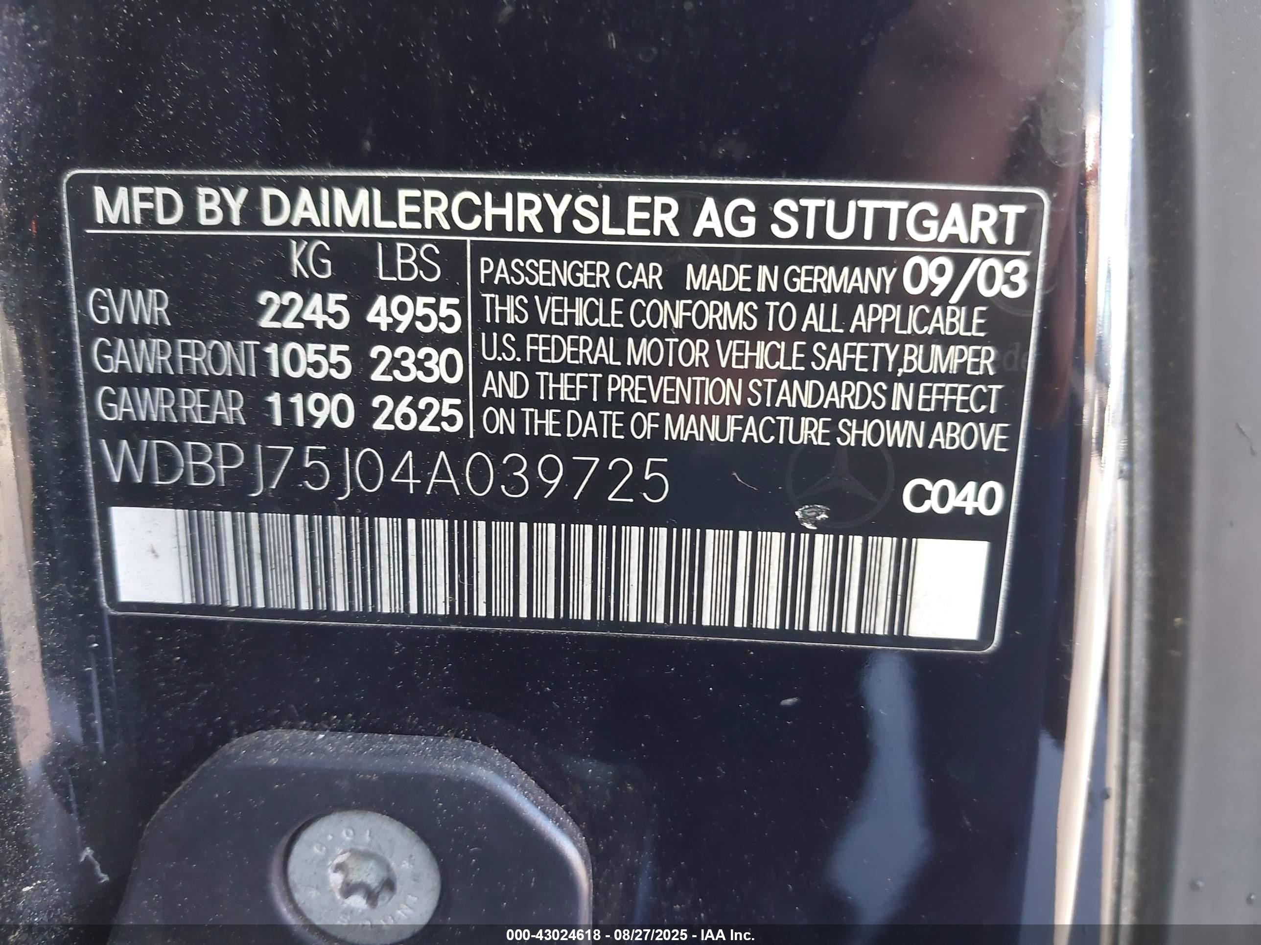 2004 Mercedes-benz Cl 500   Black vin: WDBPJ75J04A039725