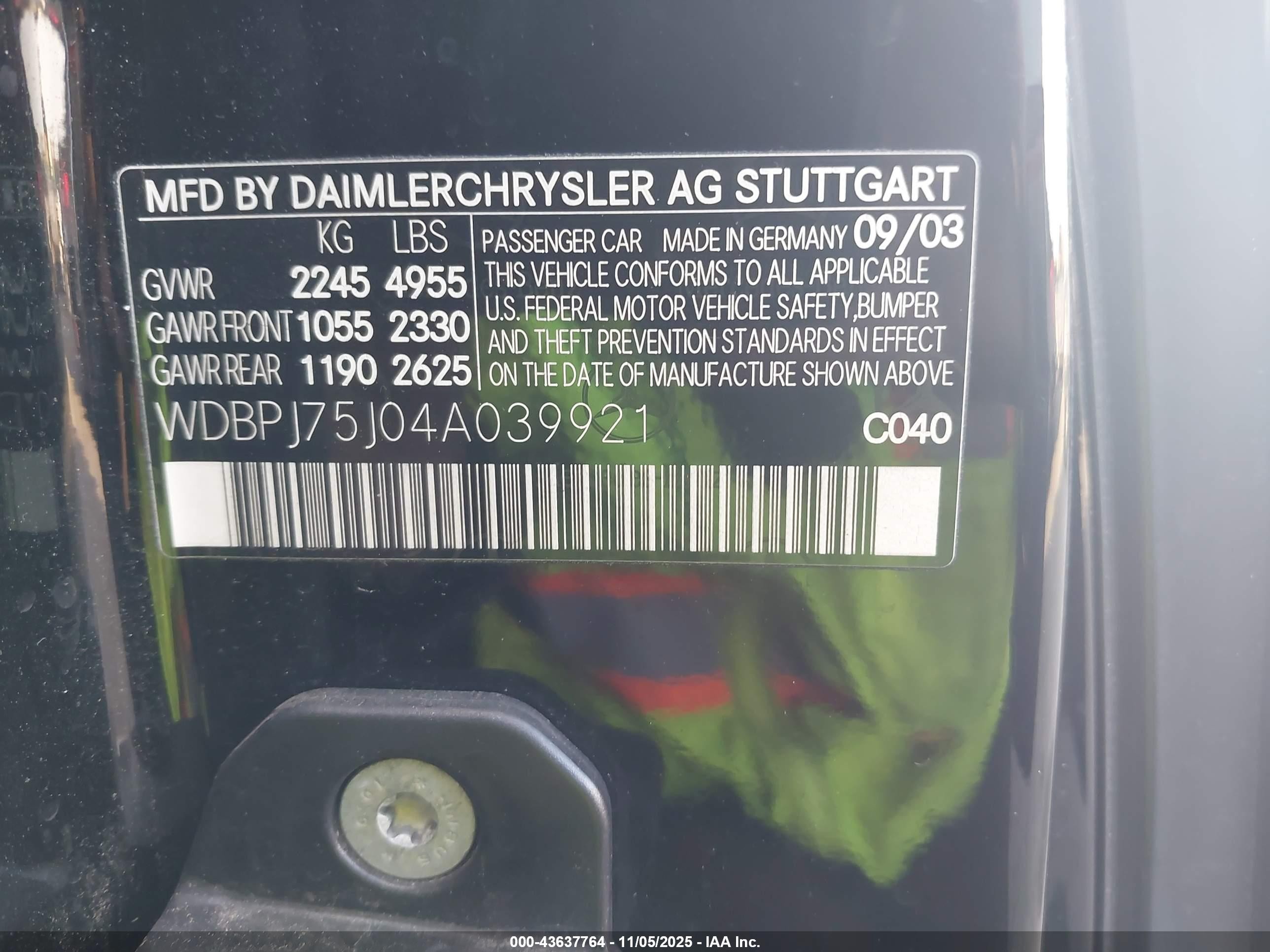 2004 Mercedes-benz Cl 500   Black vin: WDBPJ75J04A039921