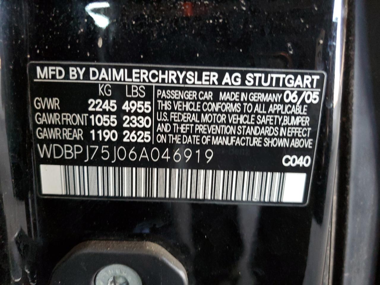 2006 Mercedes-benz Cl 500 Black vin: WDBPJ75J06A046919