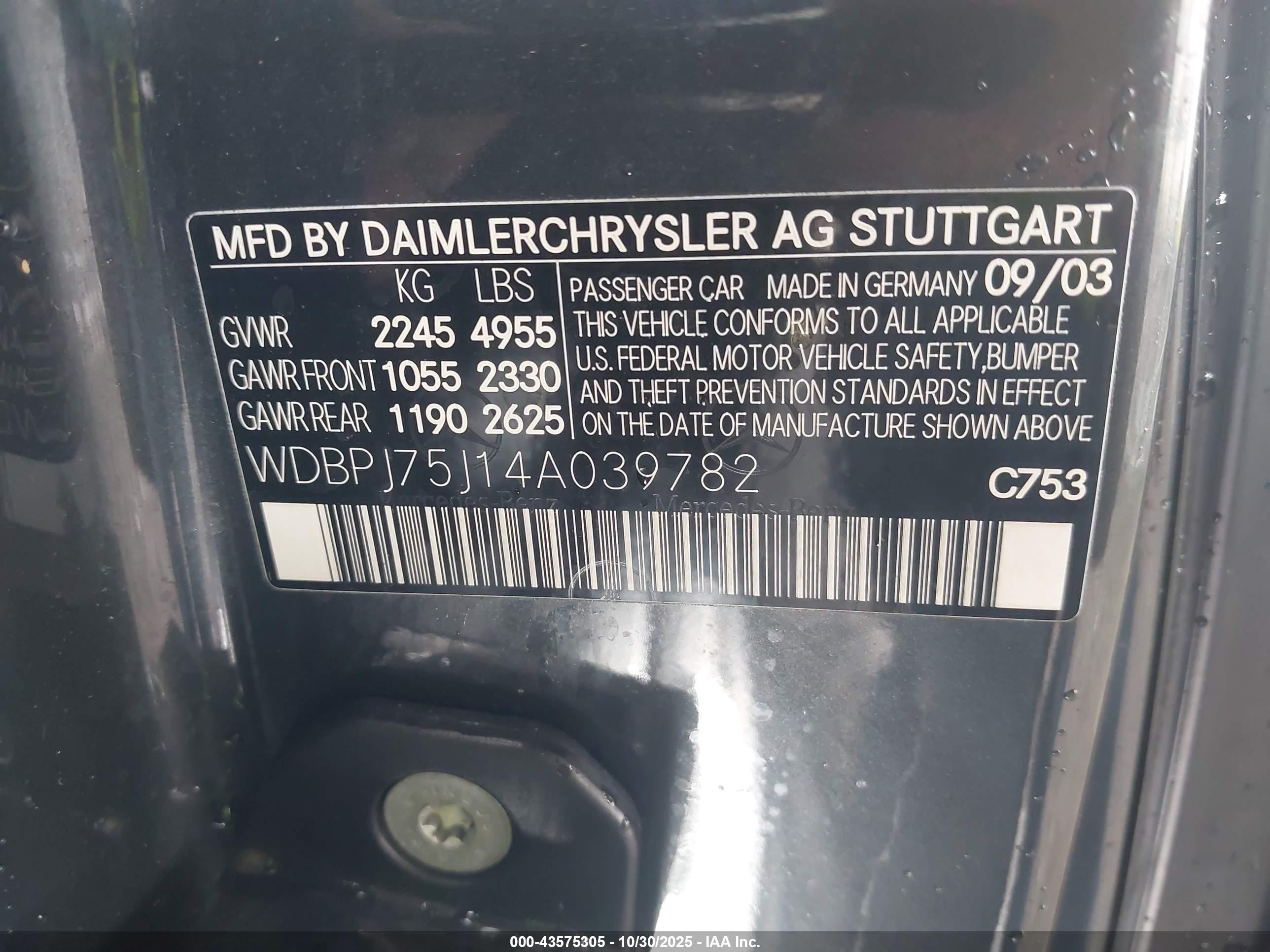 2004 Mercedes-benz Cl 500   Gray vin: WDBPJ75J14A039782