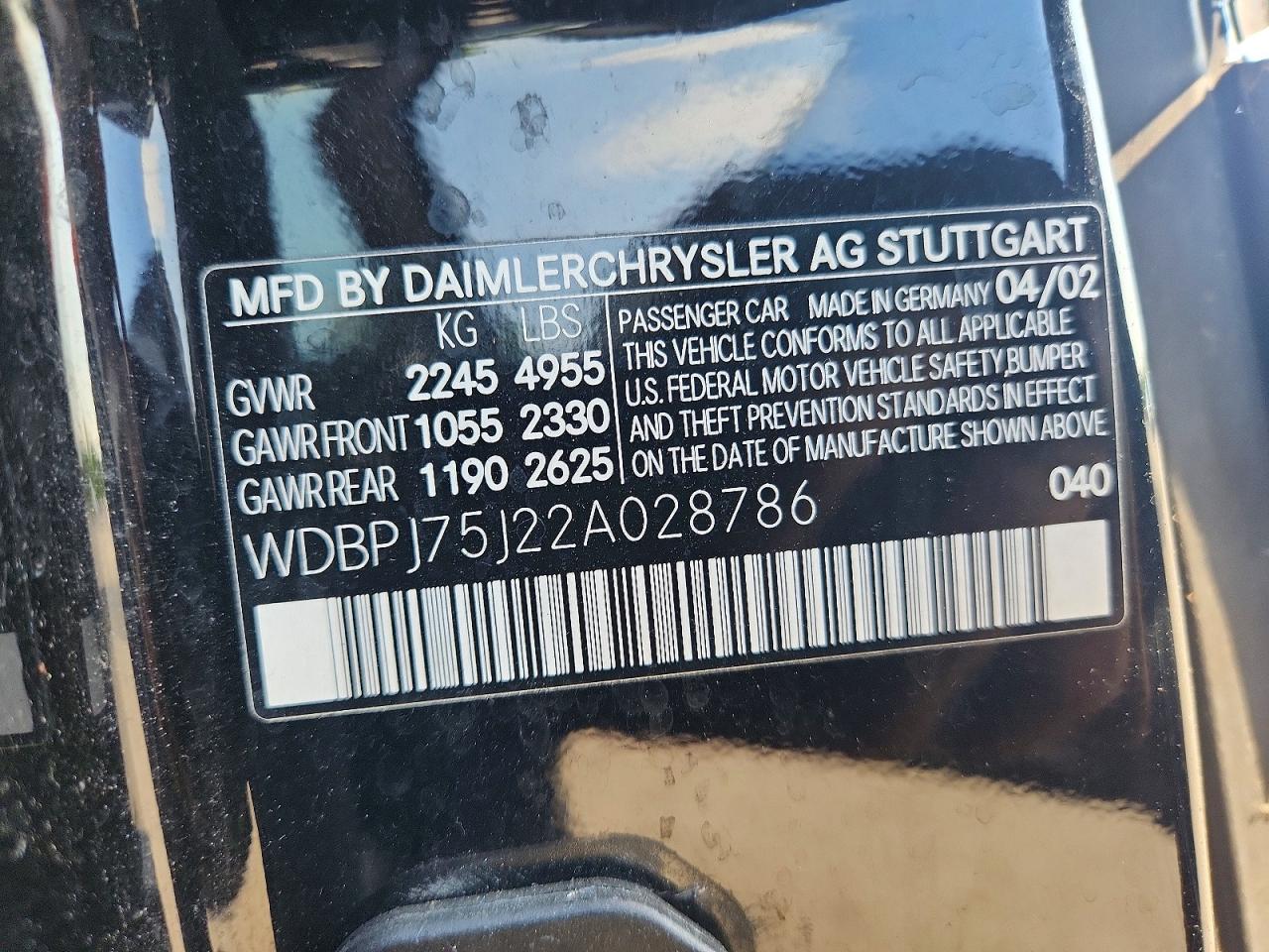2002 Mercedes-benz Cl 500 Черный vin: WDBPJ75J22A028786