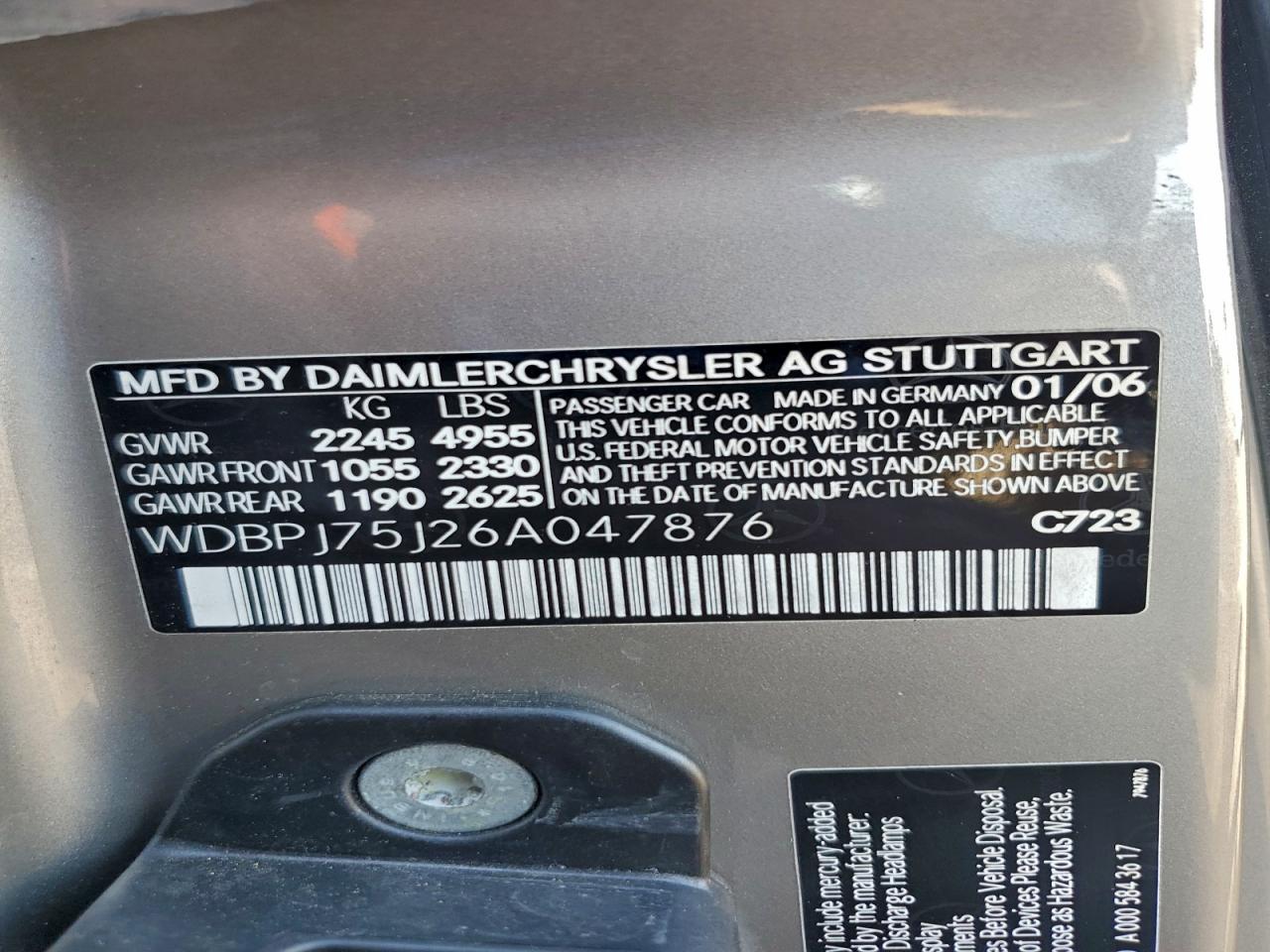 2006 Mercedes-benz Cl 500 Silver vin: WDBPJ75J26A047876