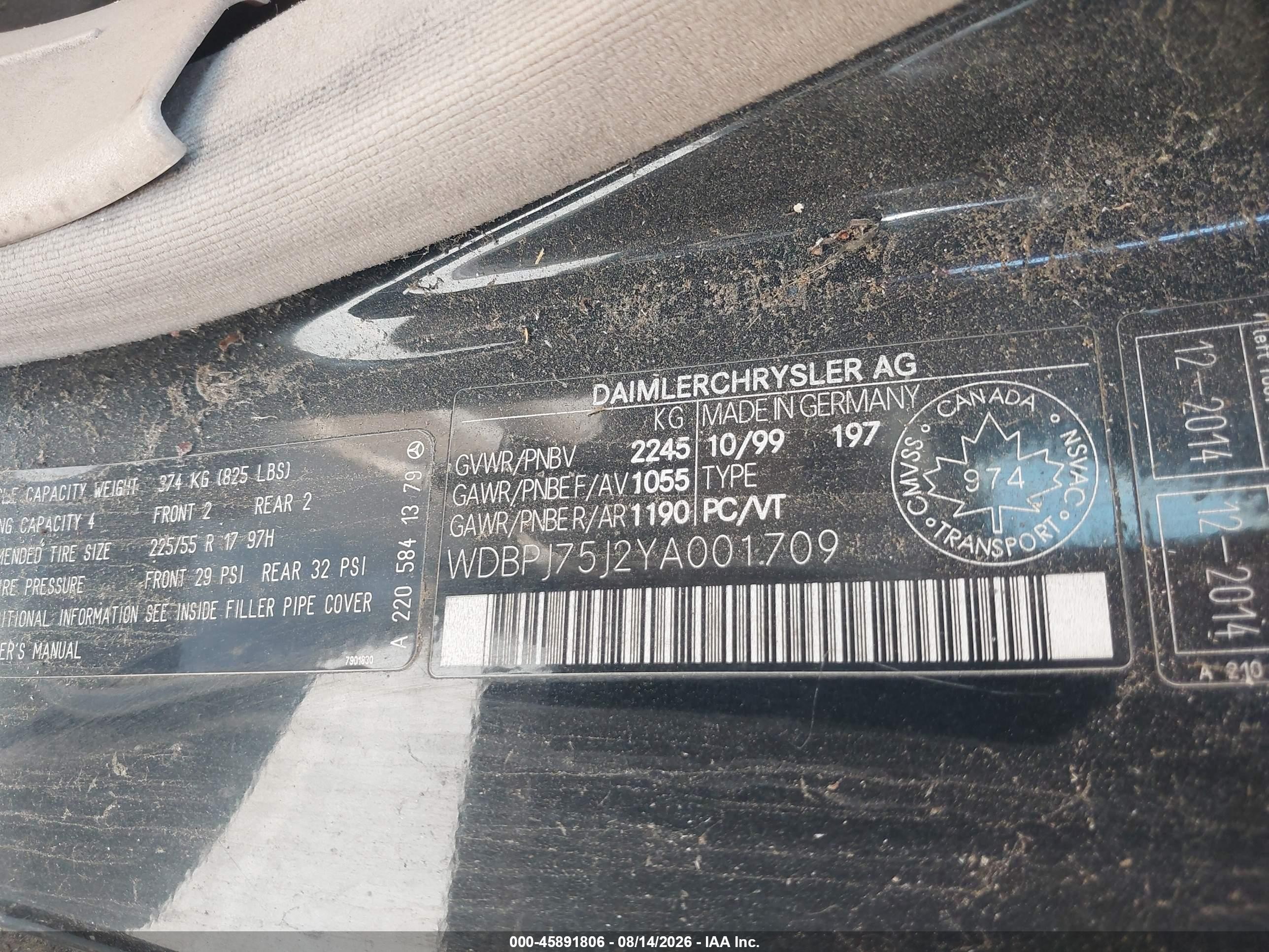 2000 Mercedes-benz Cl 500   Black vin: WDBPJ75J2YA001709