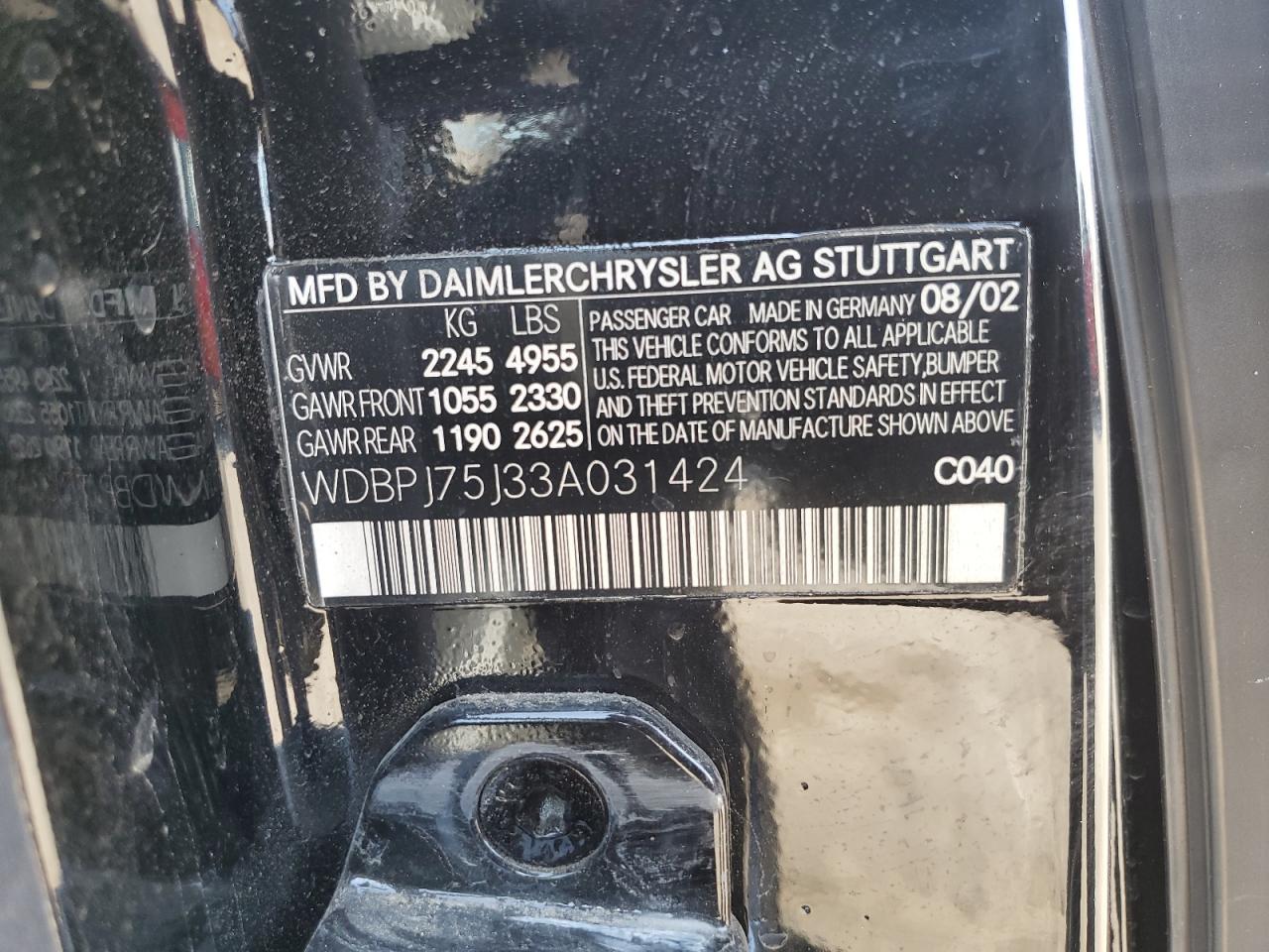 2003 Mercedes-benz Cl 500 Black vin: WDBPJ75J33A031424