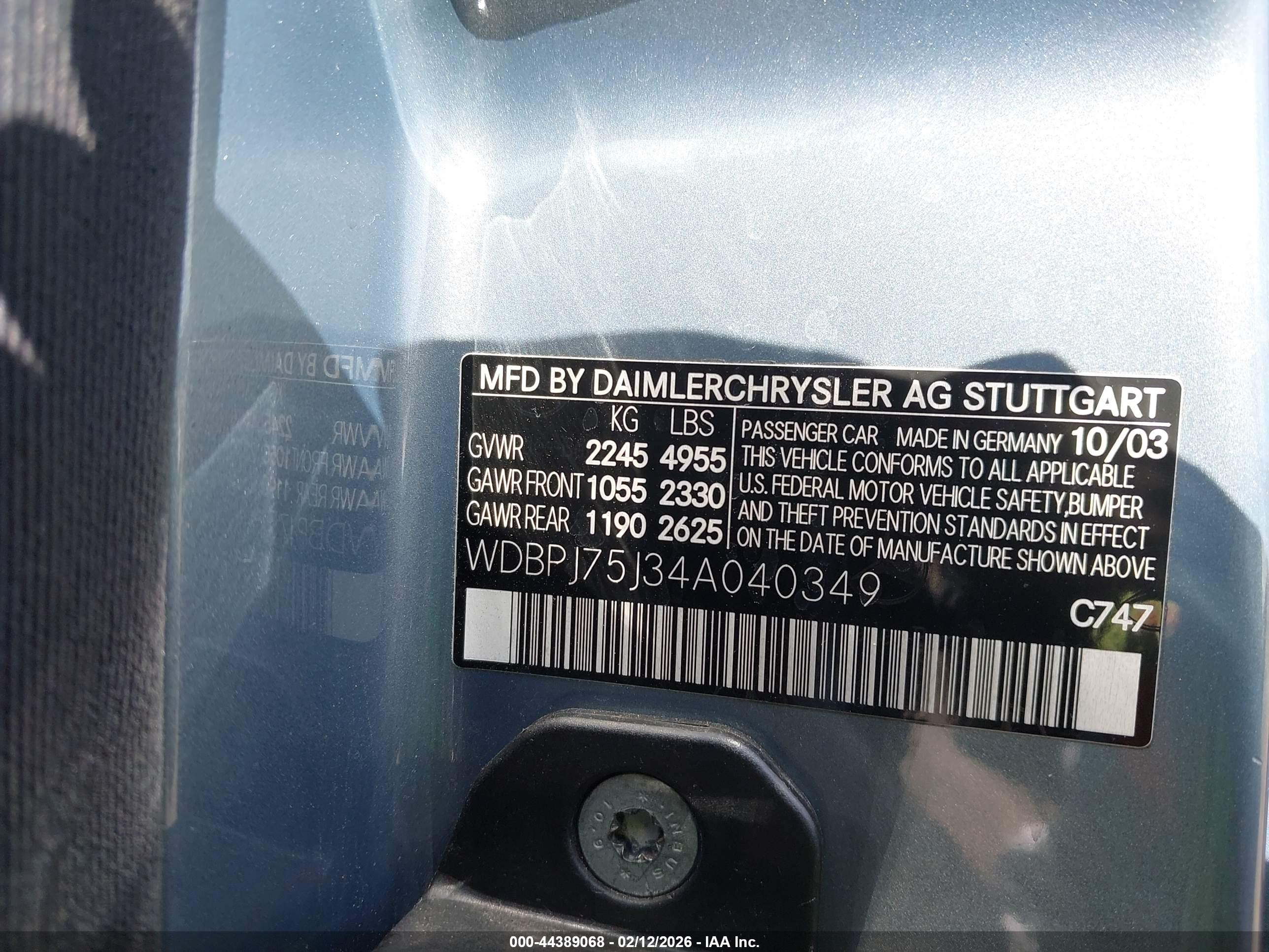 2004 Mercedes-benz Cl 500   Light Blue vin: WDBPJ75J34A040349