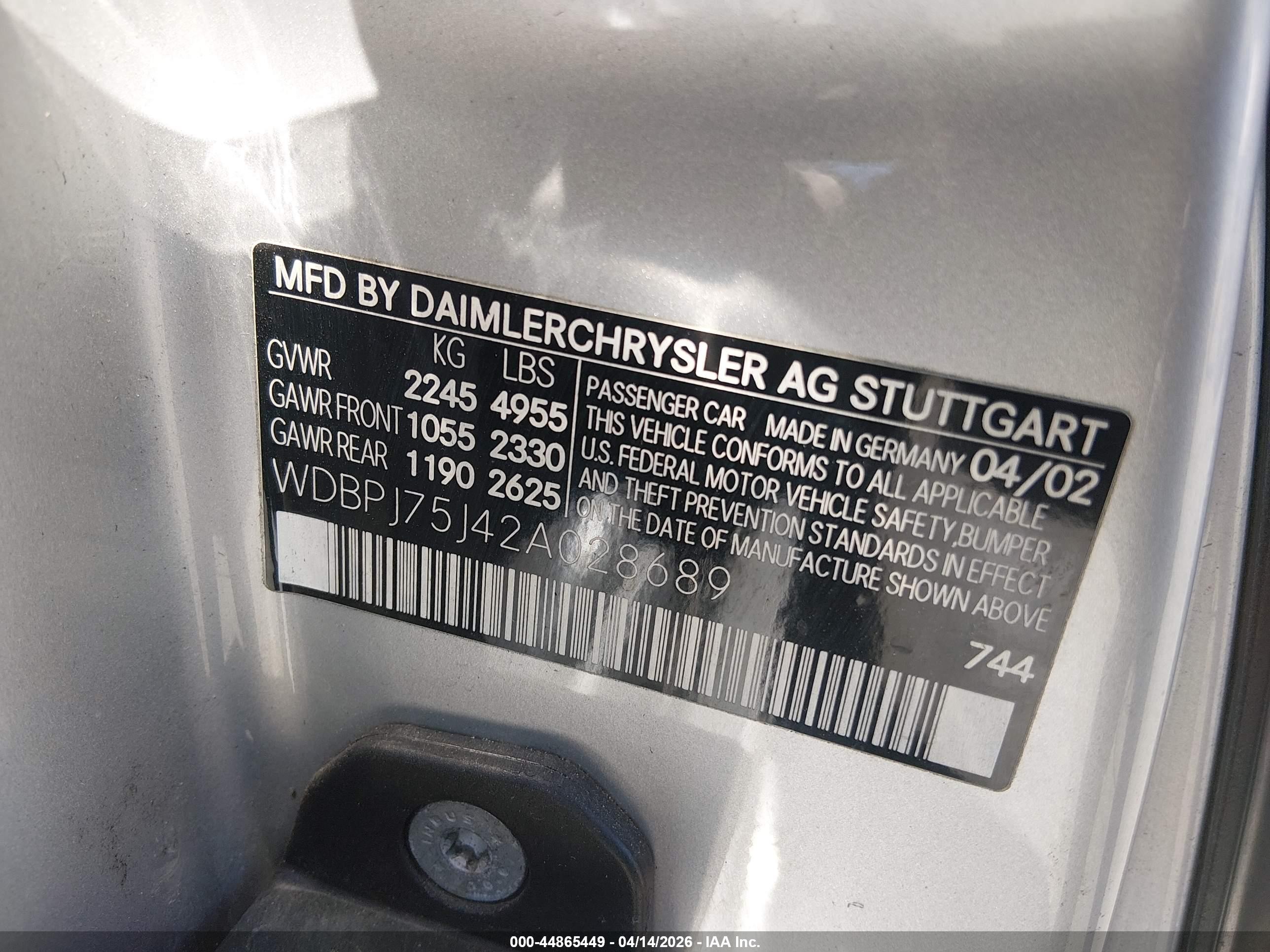 2002 Mercedes-benz Cl 500   Silver vin: WDBPJ75J42A028689
