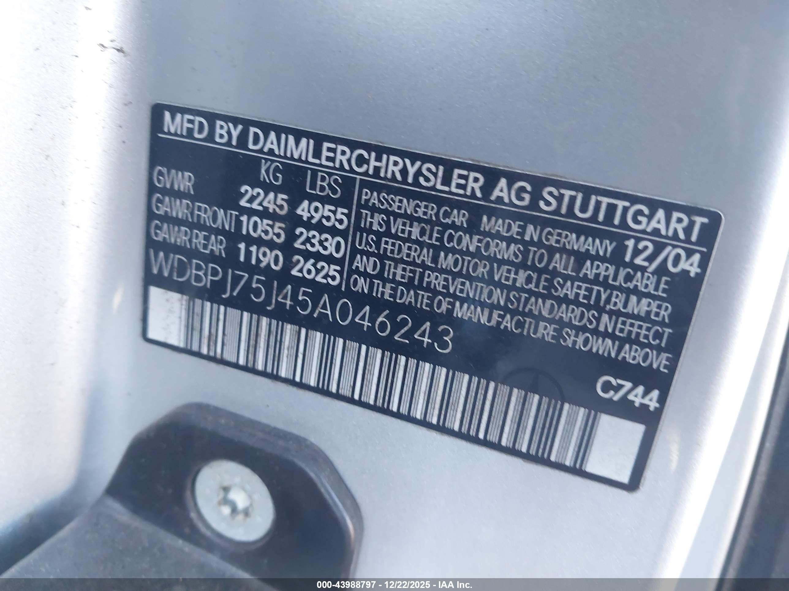 2005 Mercedes-benz Cl 500   Silver vin: WDBPJ75J45A046243