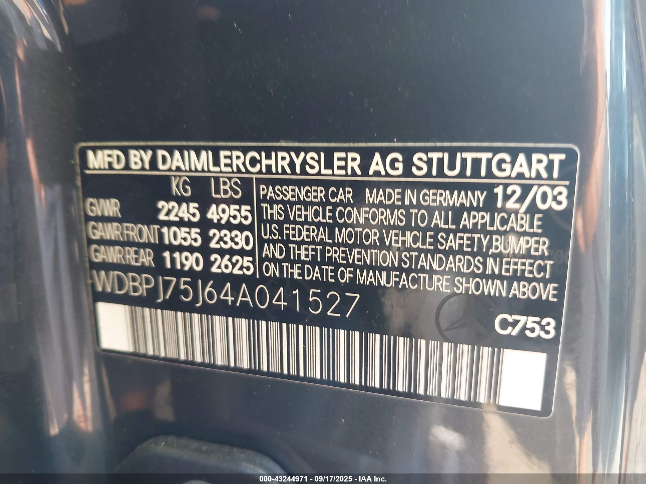 2004 Mercedes-benz Cl 500   Black vin: WDBPJ75J64A041527