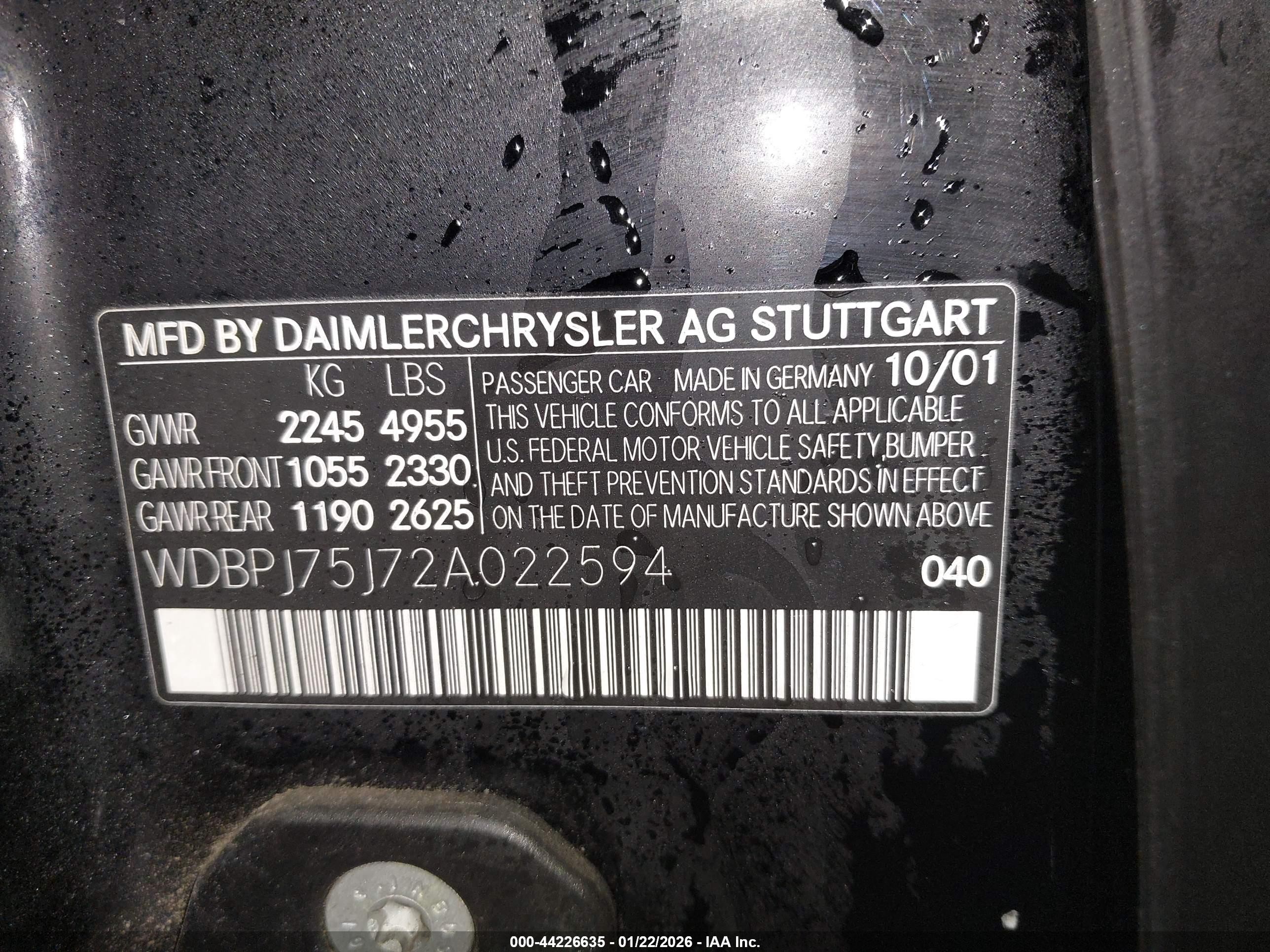 2002 Mercedes-benz Cl 500   Black vin: WDBPJ75J72A022594