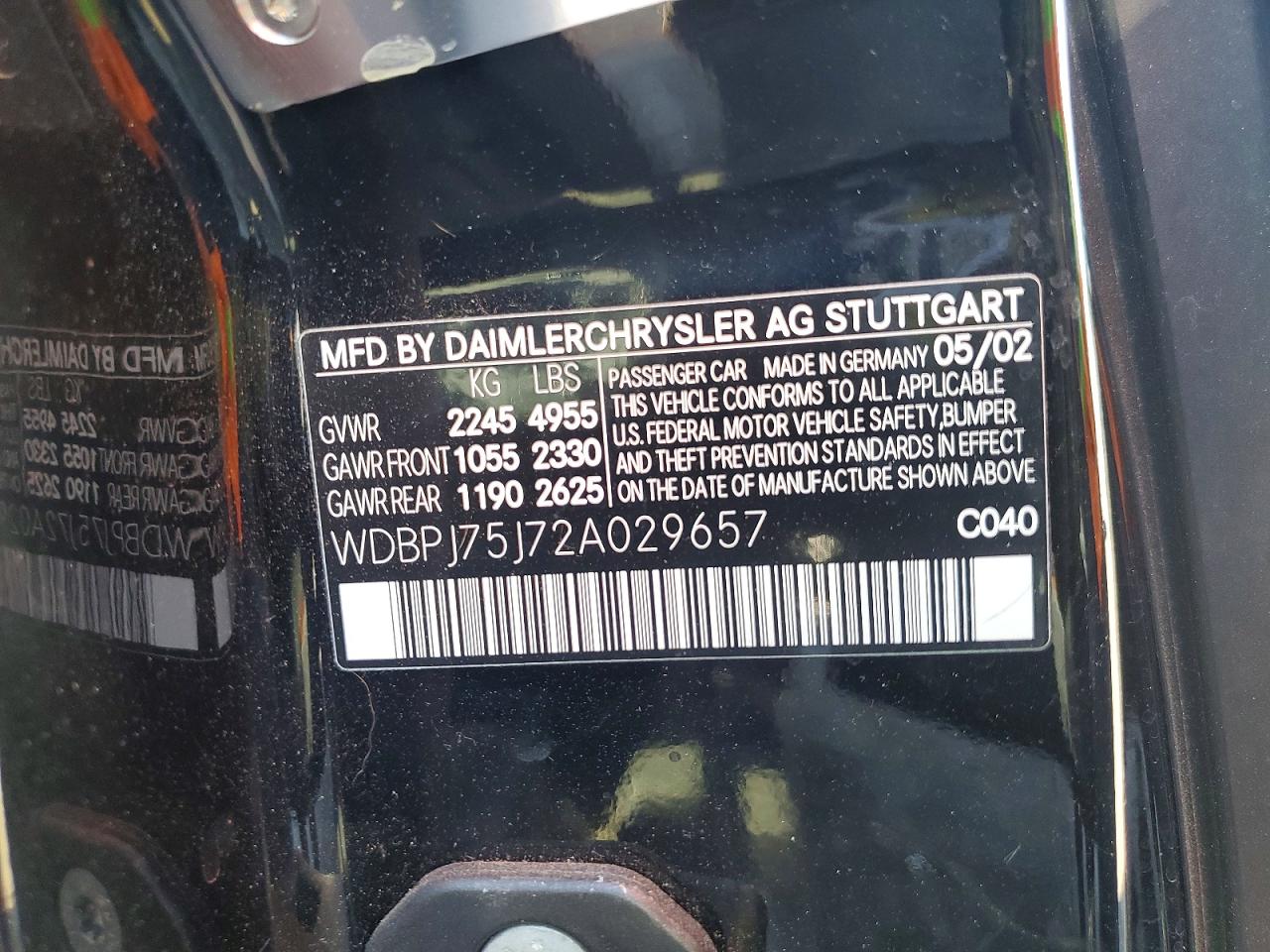 2002 Mercedes-benz Cl 500 Black vin: WDBPJ75J72A029657