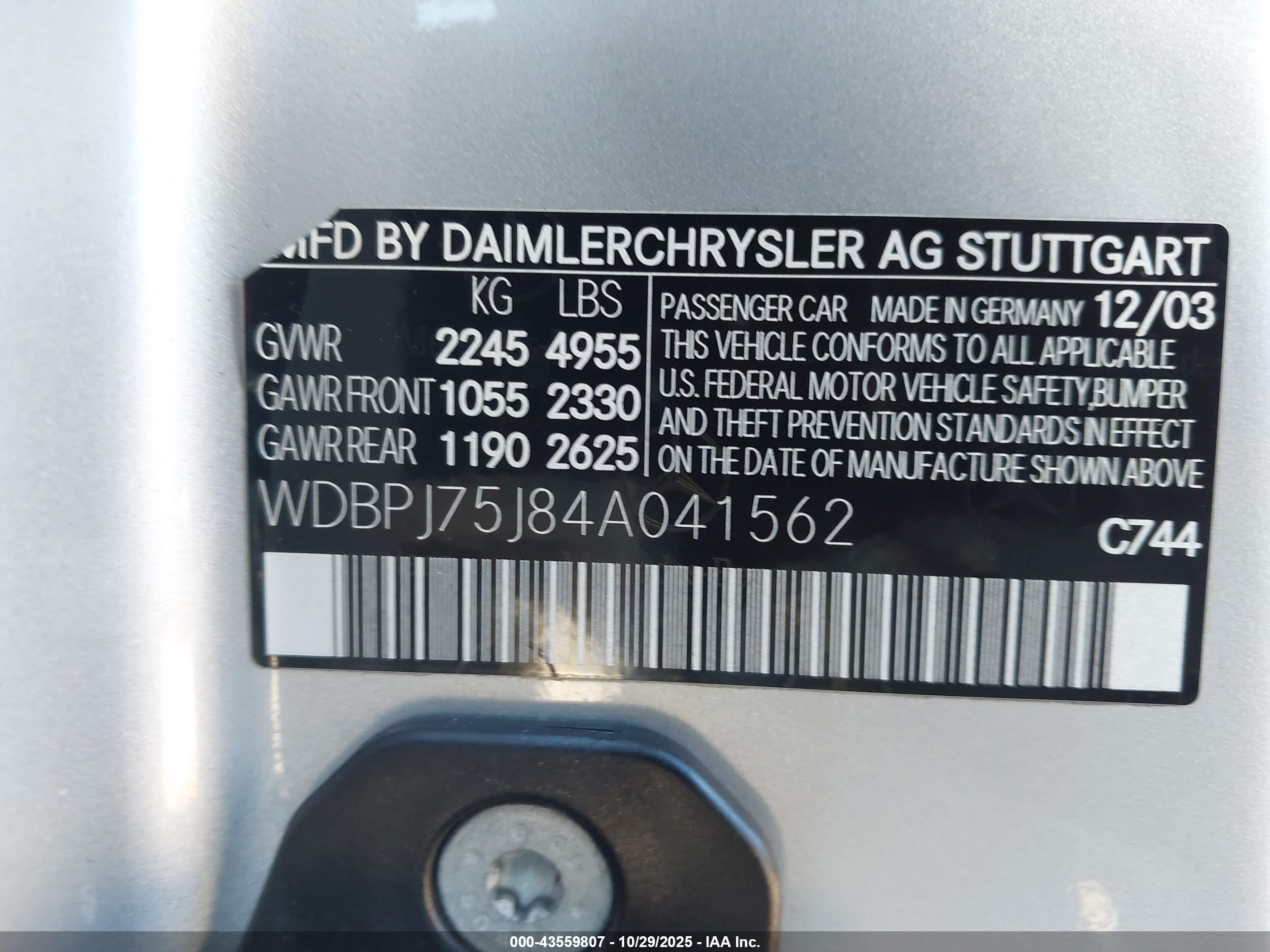 2004 Mercedes-benz Cl 500 Silver vin: WDBPJ75J84A041562