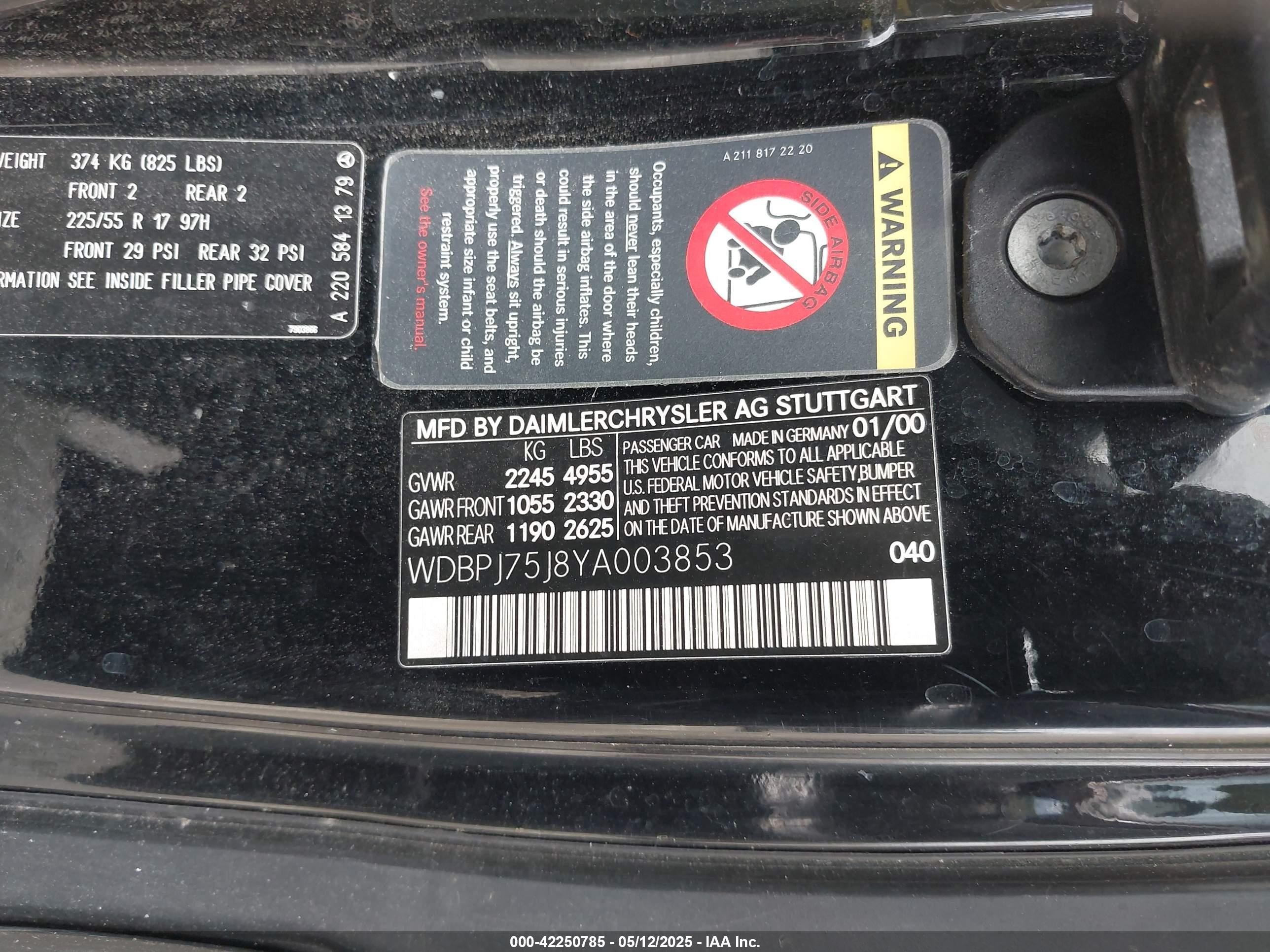2000 Mercedes-benz Cl 500   Black vin: WDBPJ75J8YA003853