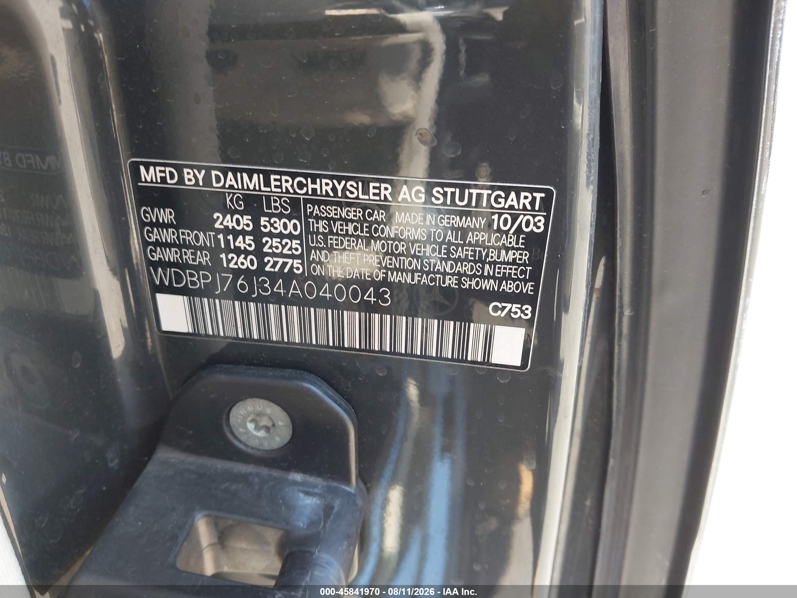 2004 Mercedes-benz Cl 600   Black vin: WDBPJ76J34A040043
