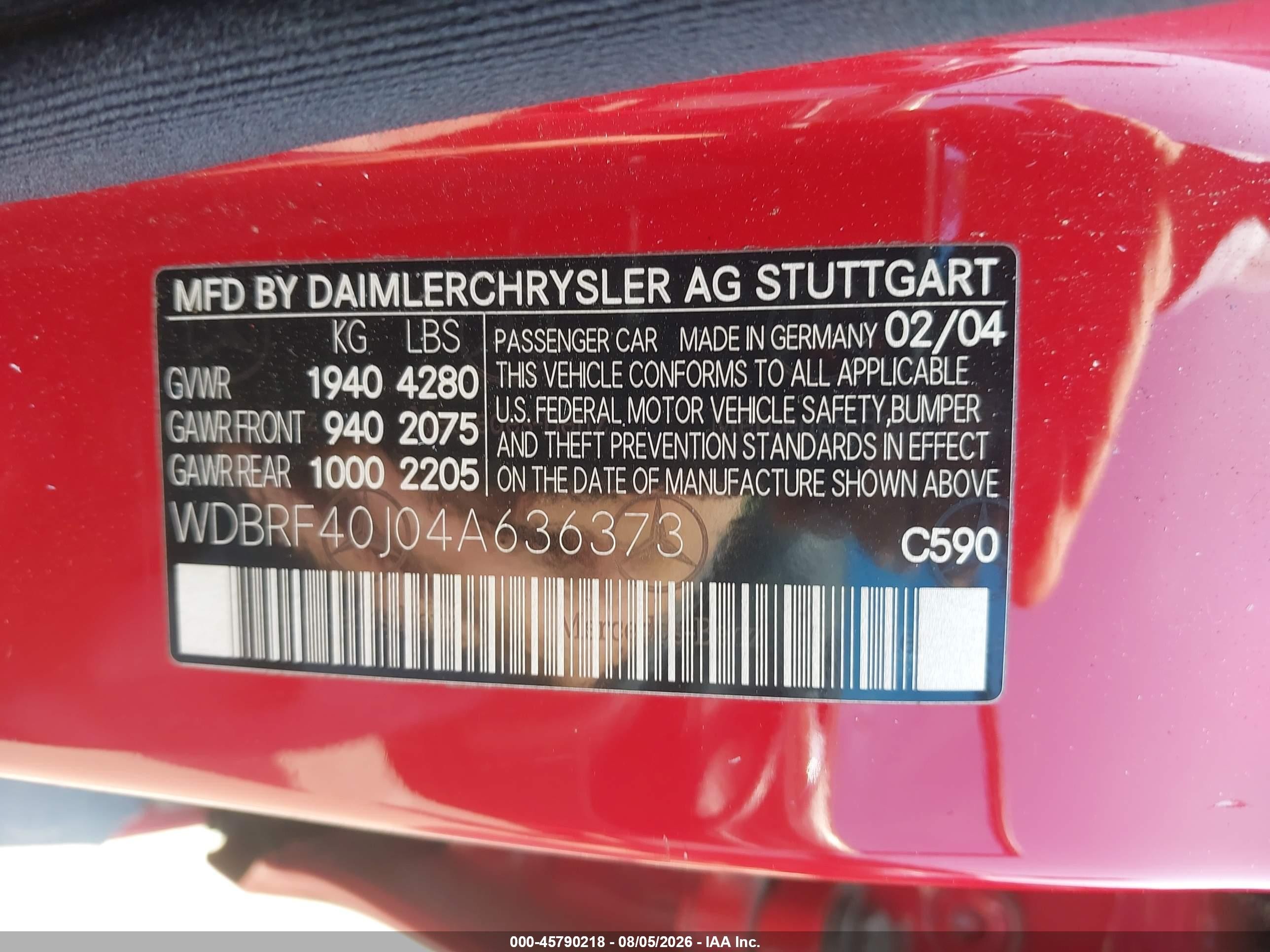 2004 Mercedes-benz C 230 Kompressor Sport/sport Red vin: WDBRF40J04A636373