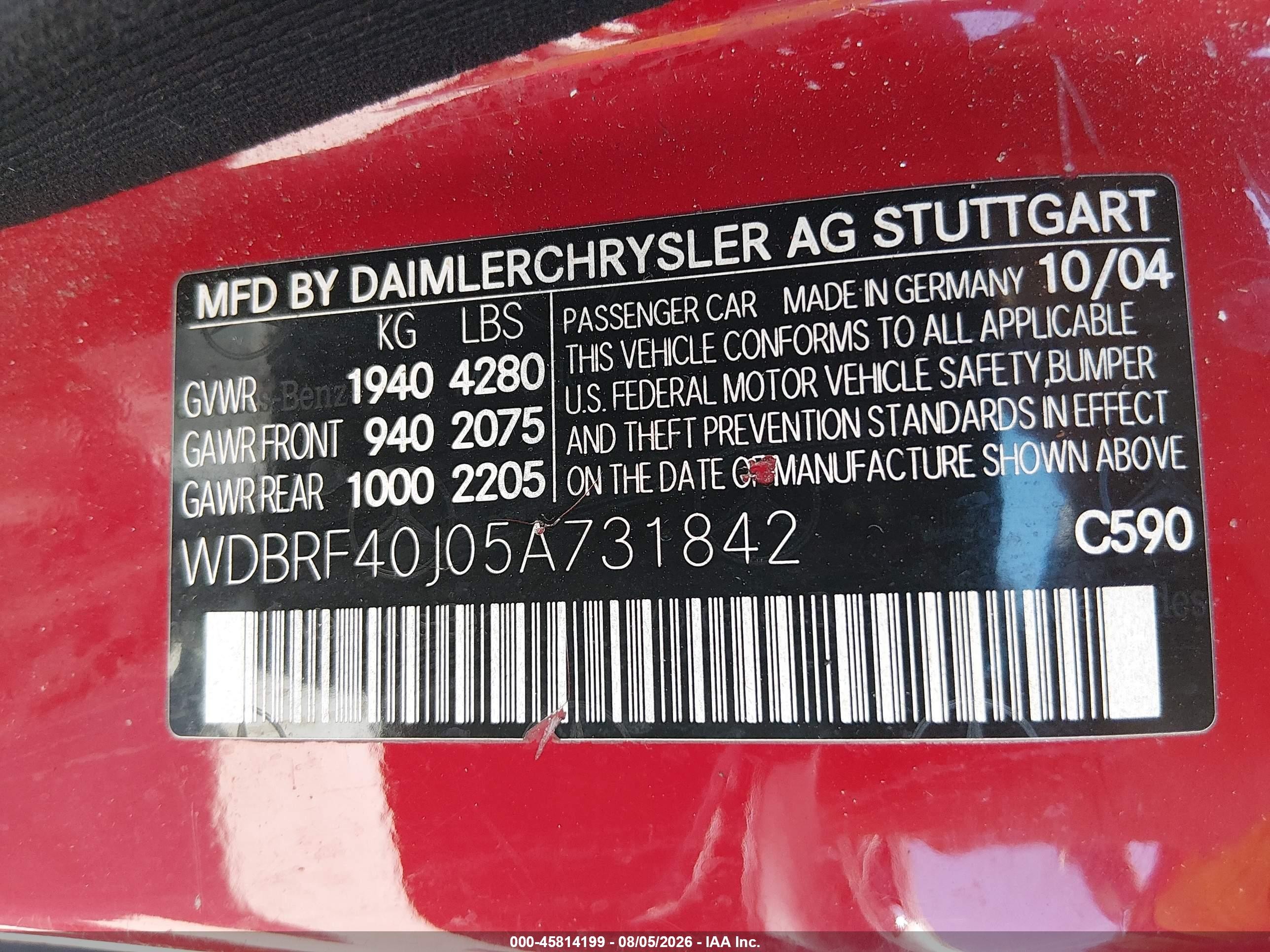 2005 Mercedes-benz C 230 Kompressor Sport Red vin: WDBRF40J05A731842