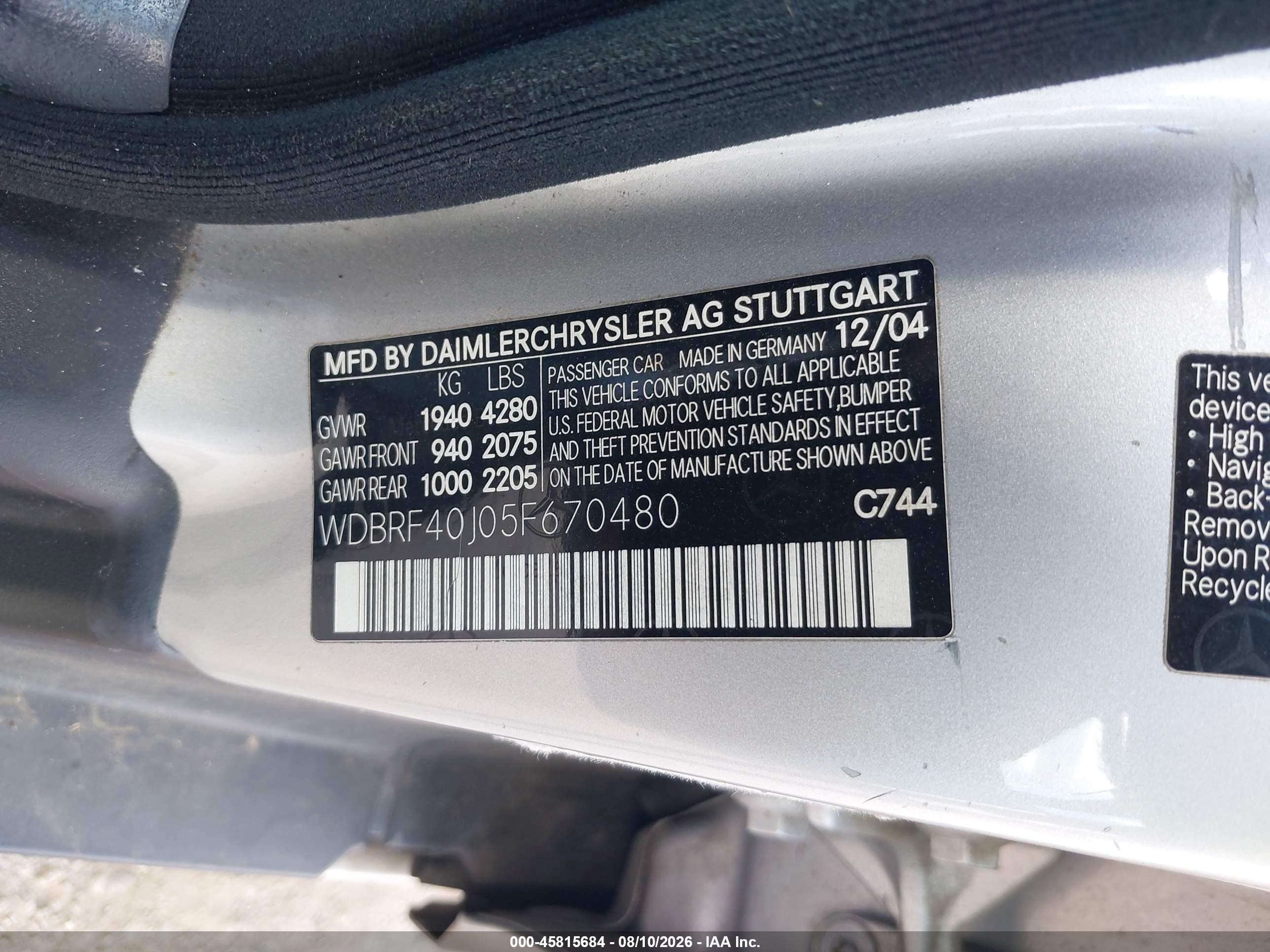 2005 Mercedes-benz C 230 Kompressor Sport Silver vin: WDBRF40J05F670480