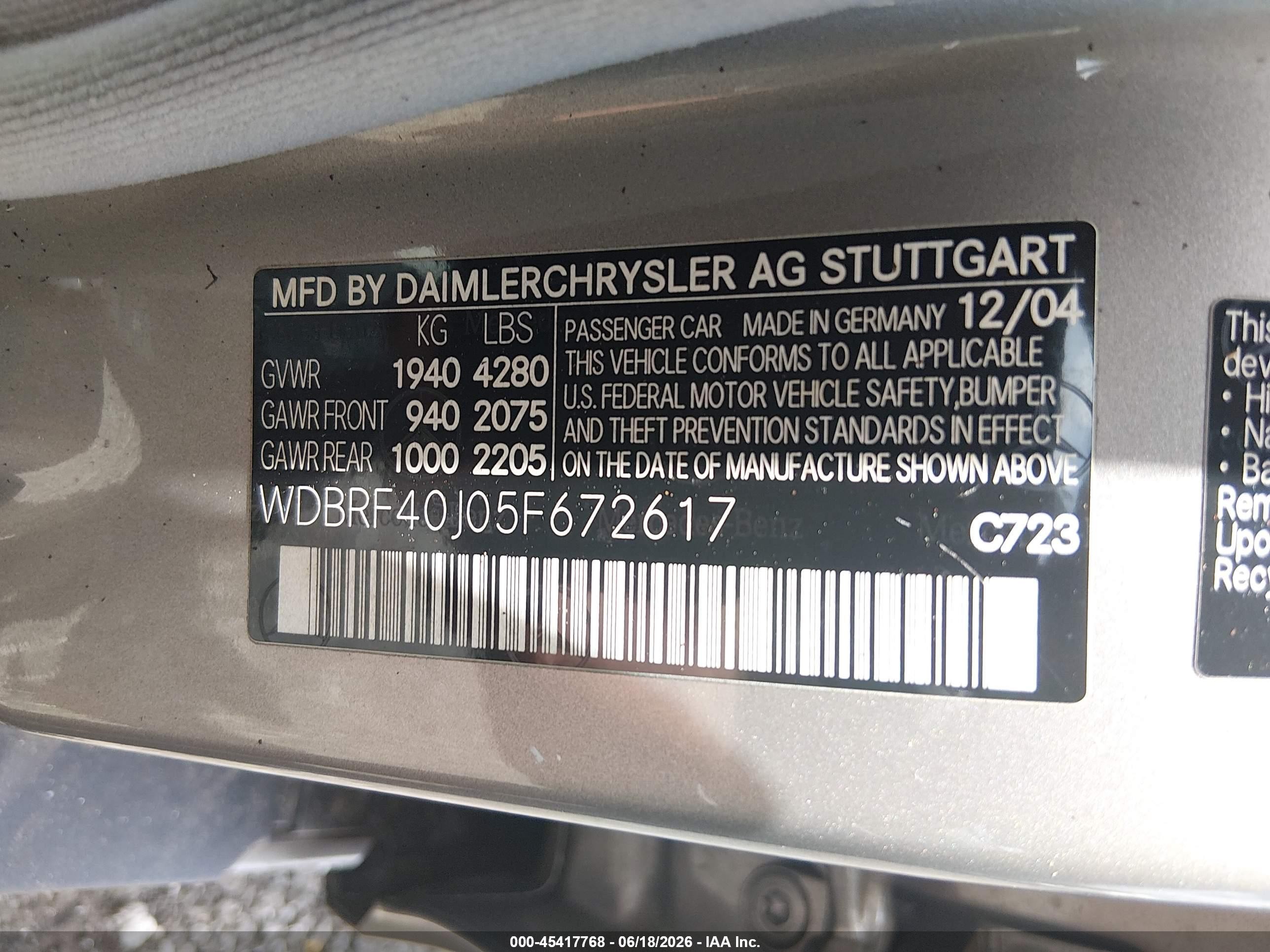 2005 Mercedes-benz C 230 Kompressor Sport Silver vin: WDBRF40J05F672617