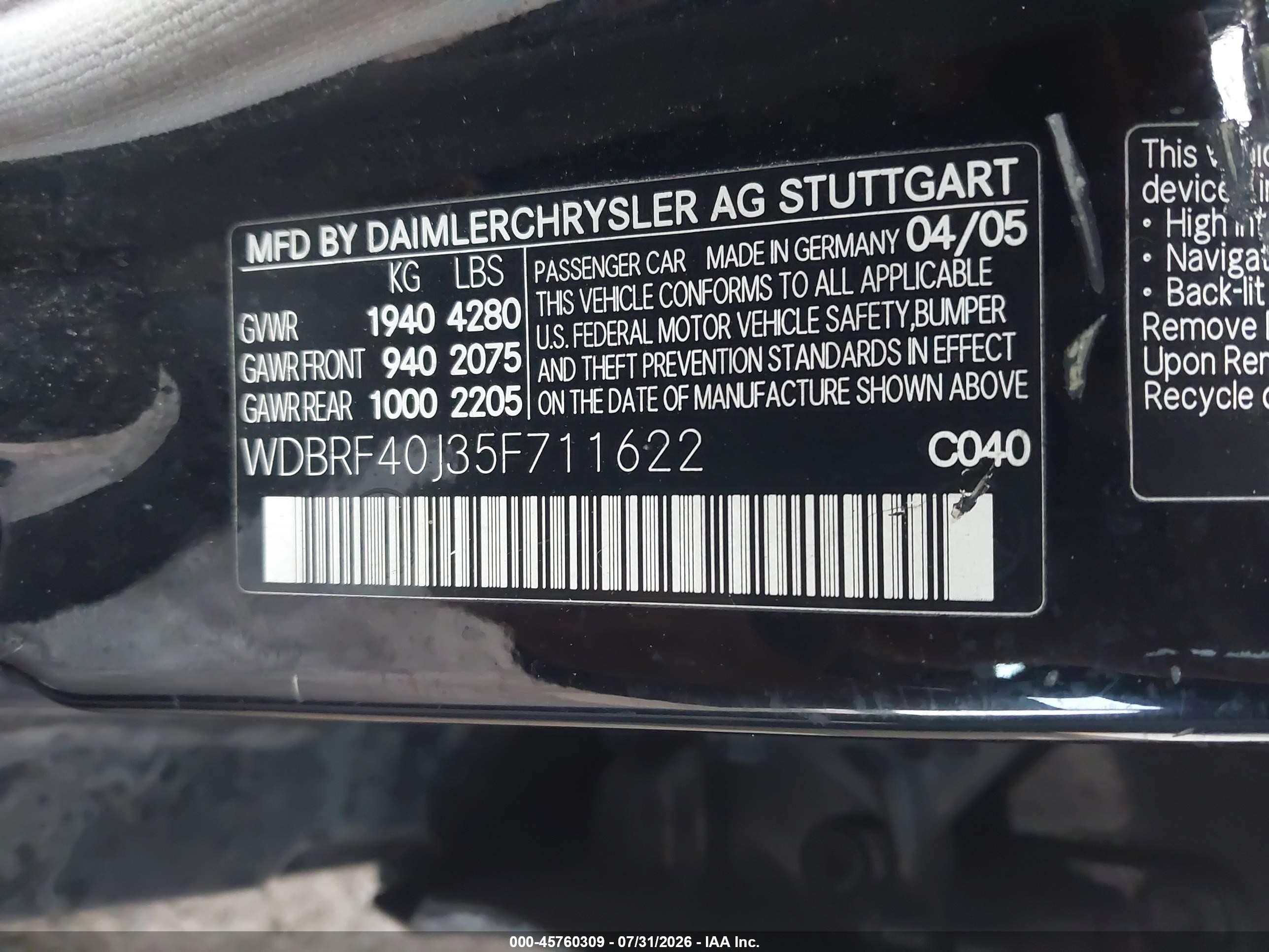 2005 Mercedes-benz C 230 Kompressor Sport Black vin: WDBRF40J35F711622