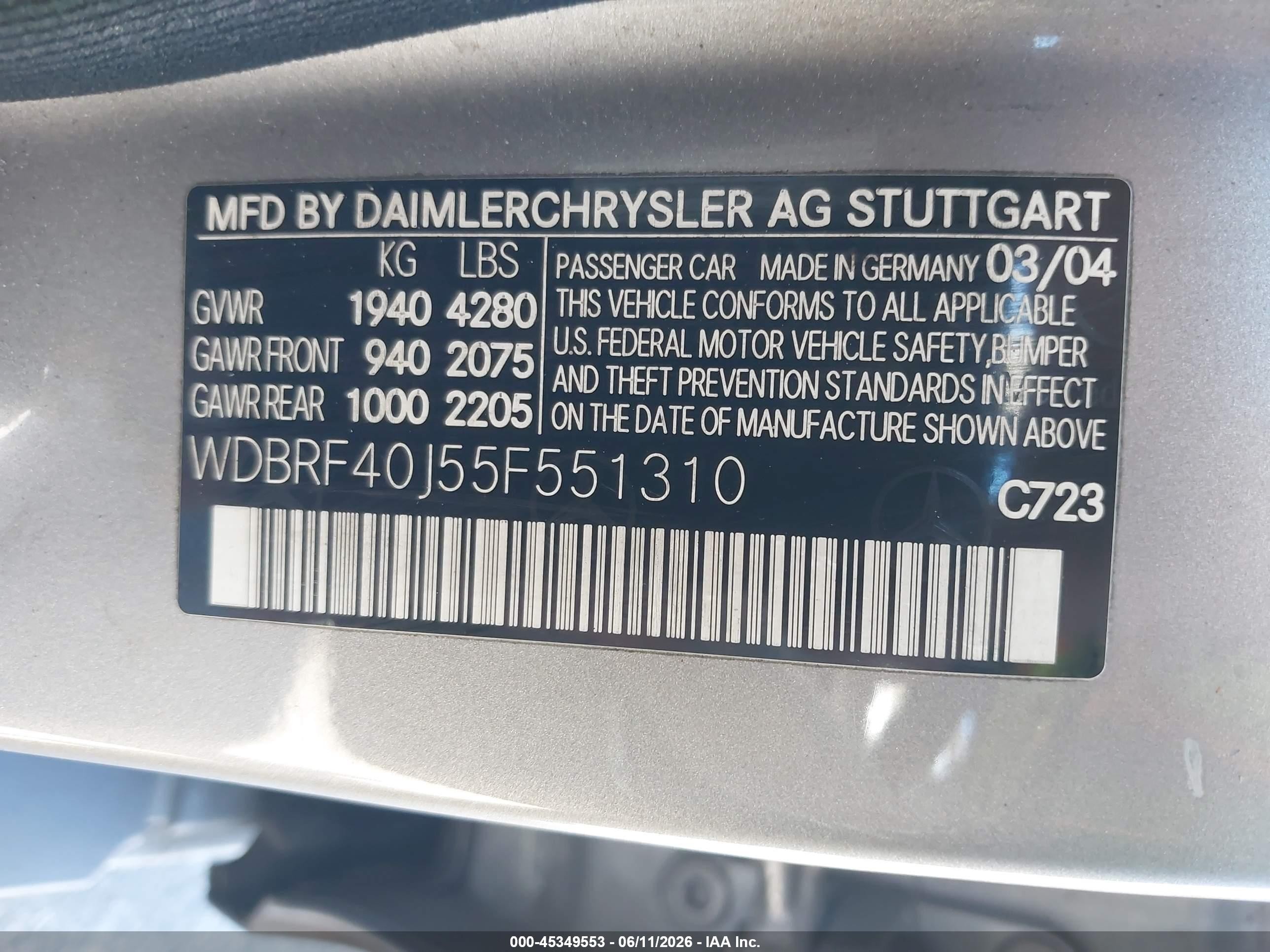 2005 Mercedes-benz C 230 Kompressor Sport Silver vin: WDBRF40J55F551310