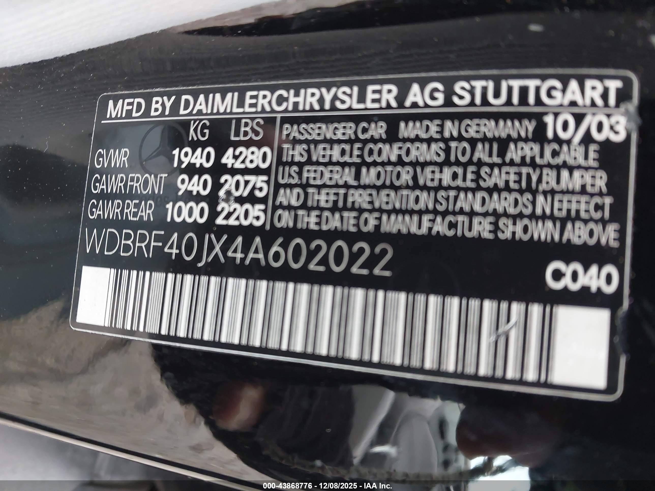 2004 Mercedes-benz C 230 Kompressor Sport/sport Black vin: WDBRF40JX4A602022
