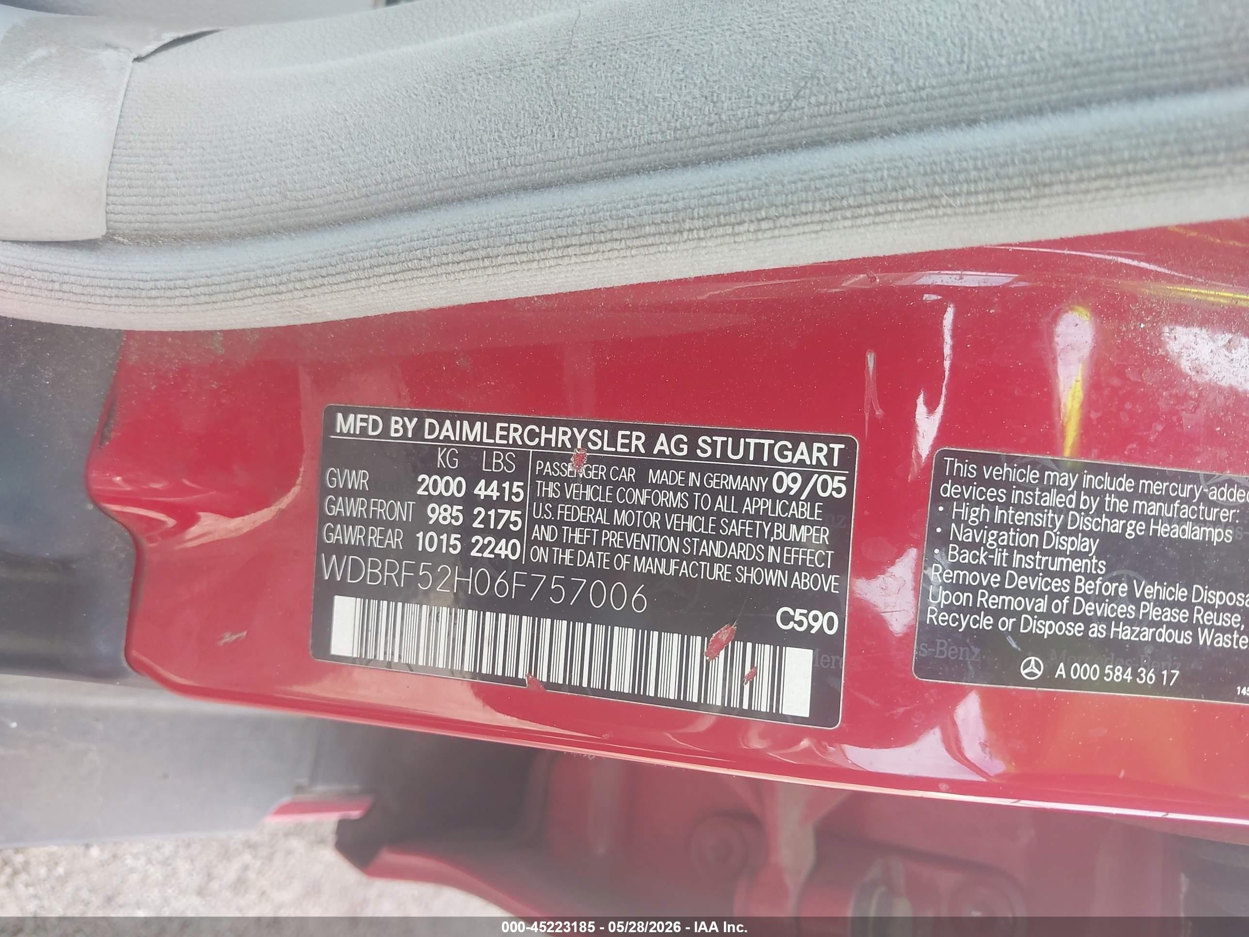 2006 Mercedes-benz C-class Sport Red vin: WDBRF52H06F757006
