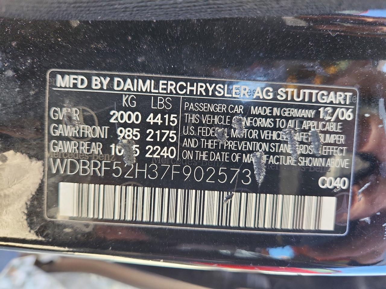 2007 Mercedes-benz C 230 Черный vin: WDBRF52H37F902573