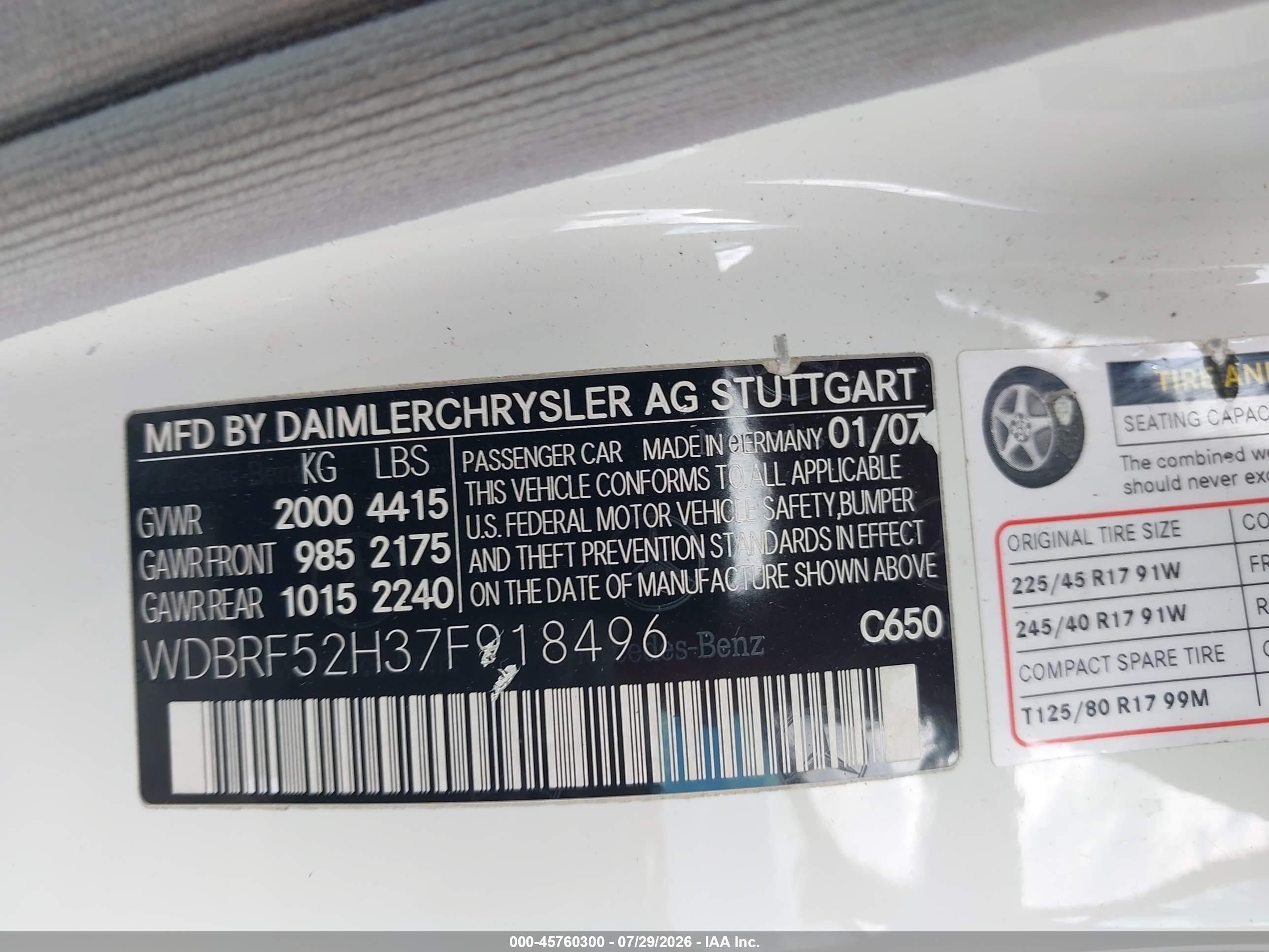 2007 Mercedes-benz C 230 Sport White vin: WDBRF52H37F918496
