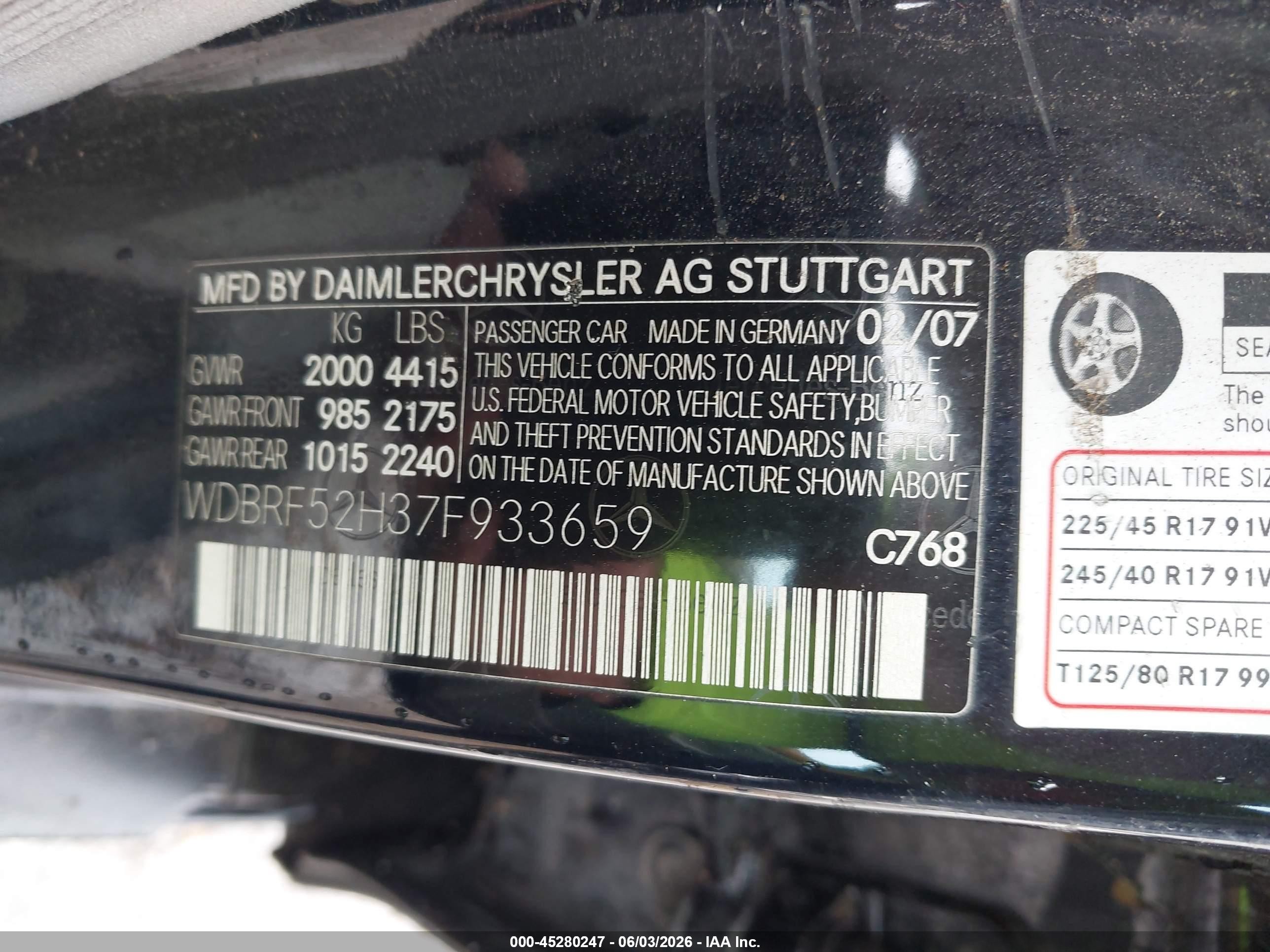 2007 Mercedes-benz C 230 Sport Black vin: WDBRF52H37F933659