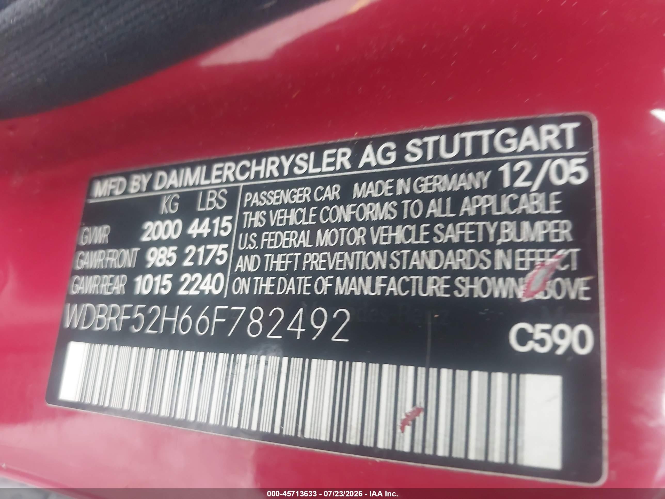 2006 Mercedes-benz C 230 Sport Red vin: WDBRF52H66F782492