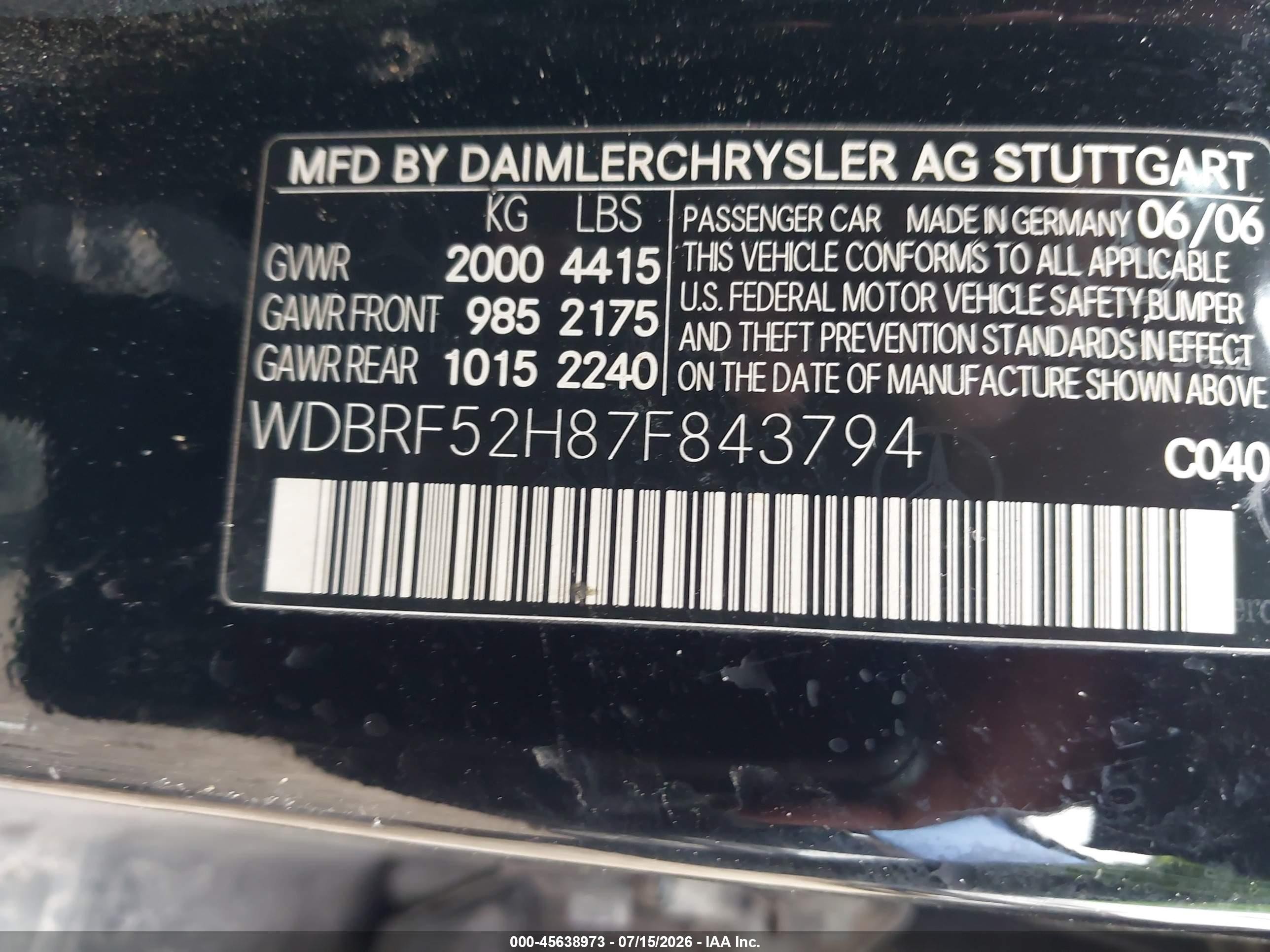 2007 Mercedes-benz C 230 Sport Black vin: WDBRF52H87F843794