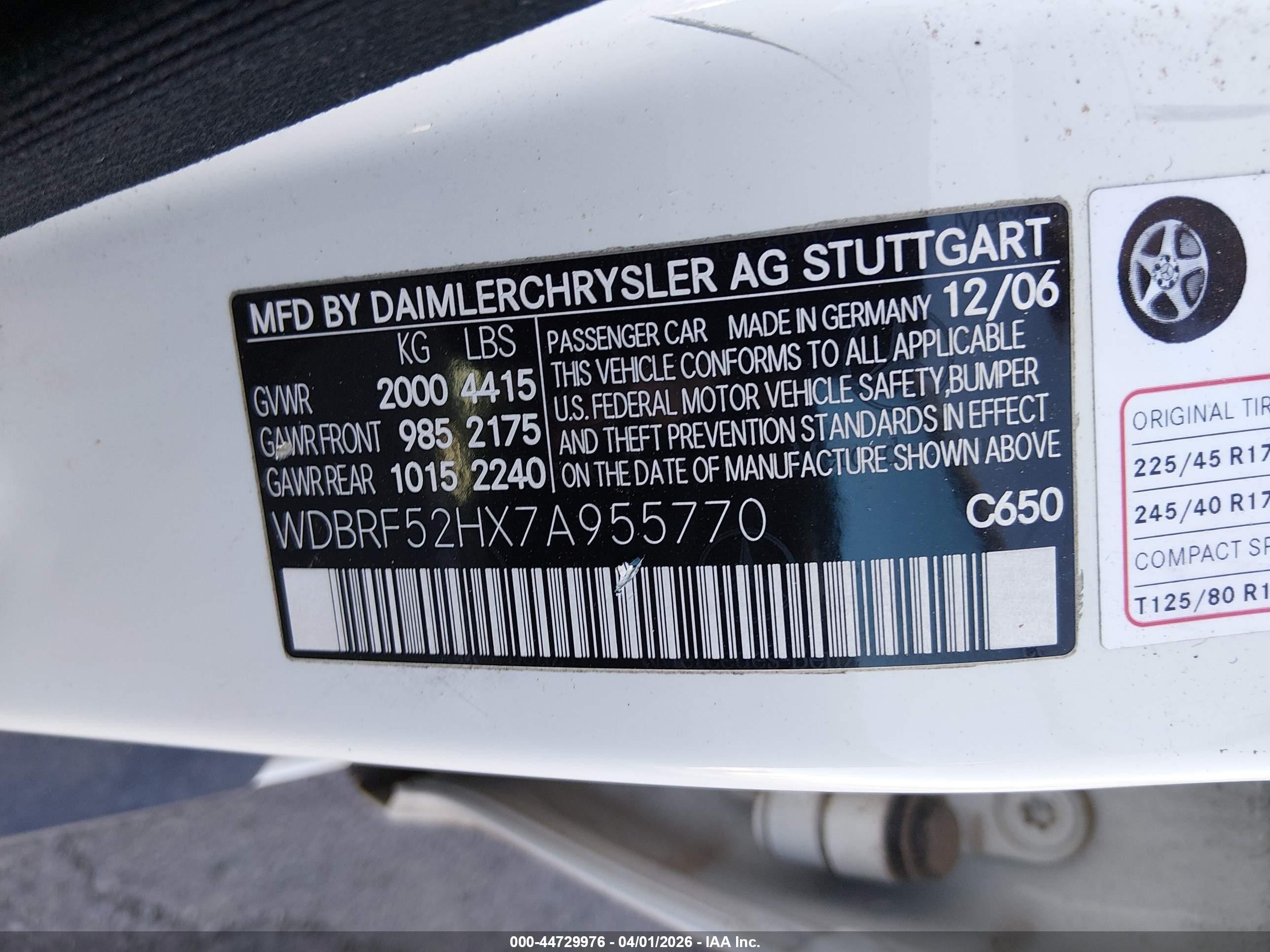 2007 Mercedes-benz C 230 Sport White vin: WDBRF52HX7A955770