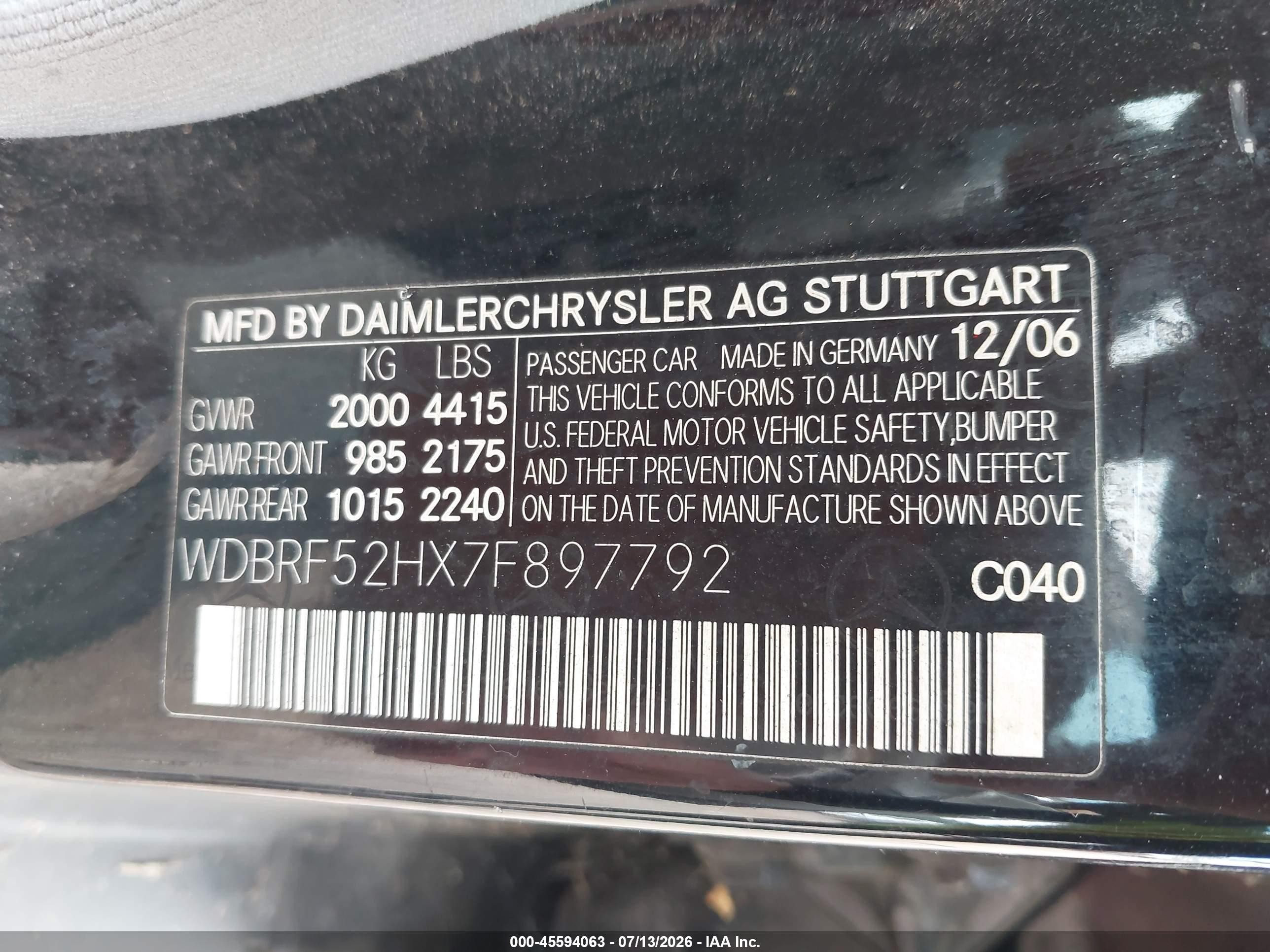 2007 Mercedes-benz C 230 Sport Black vin: WDBRF52HX7F897792