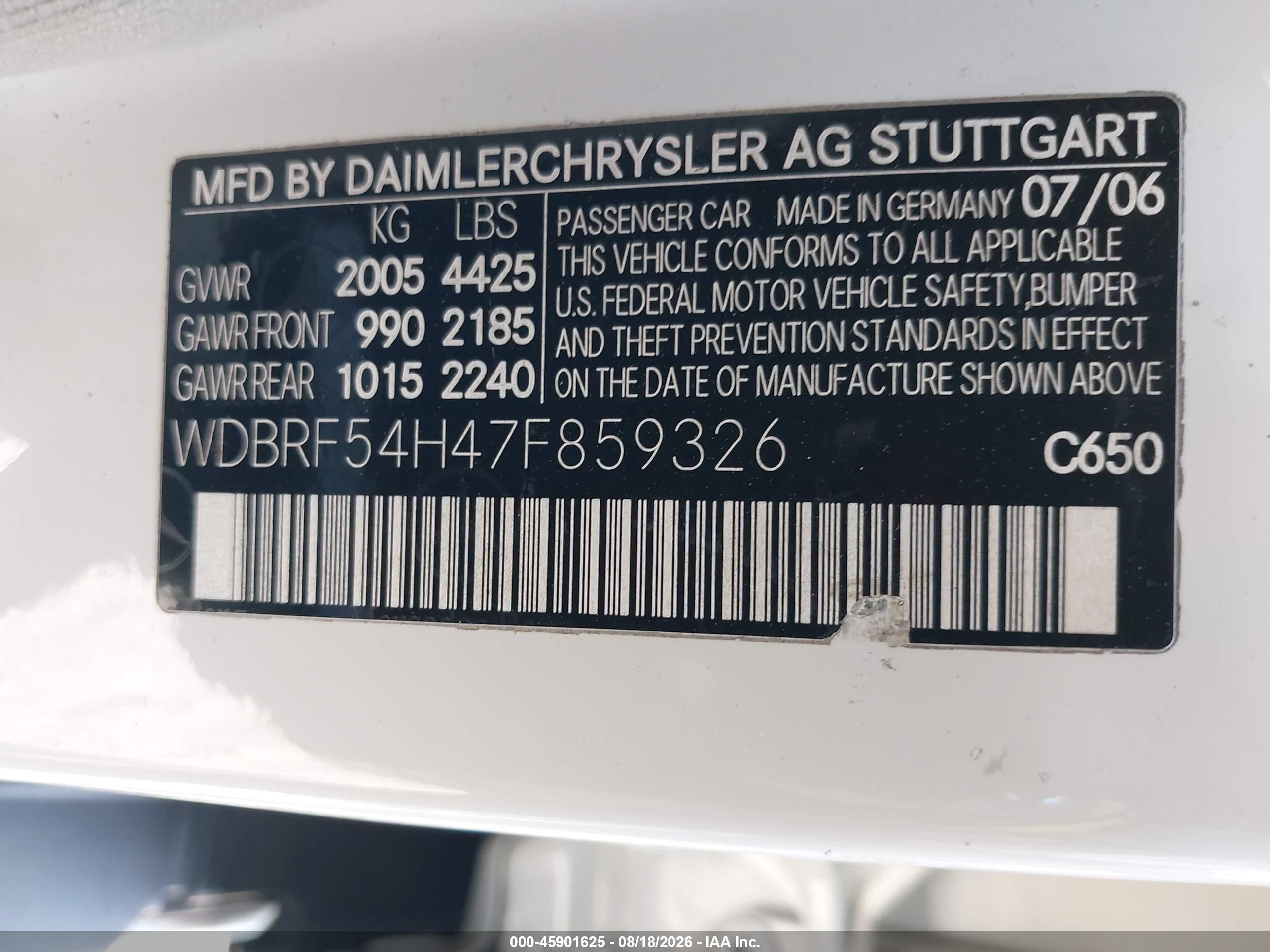2007 Mercedes-benz C 280 Luxury Белый vin: WDBRF54H47F859326