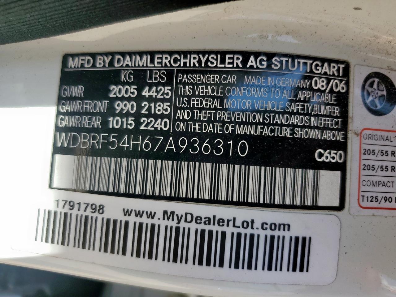 2007 Mercedes-benz C 280 White vin: WDBRF54H67A936310