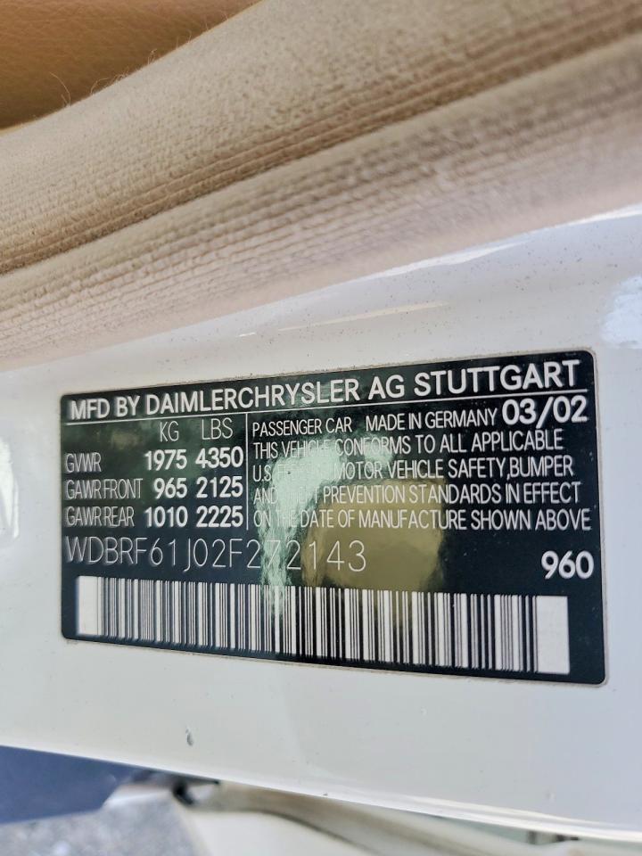 2002 Mercedes-benz C 240 White vin: WDBRF61J02F272143