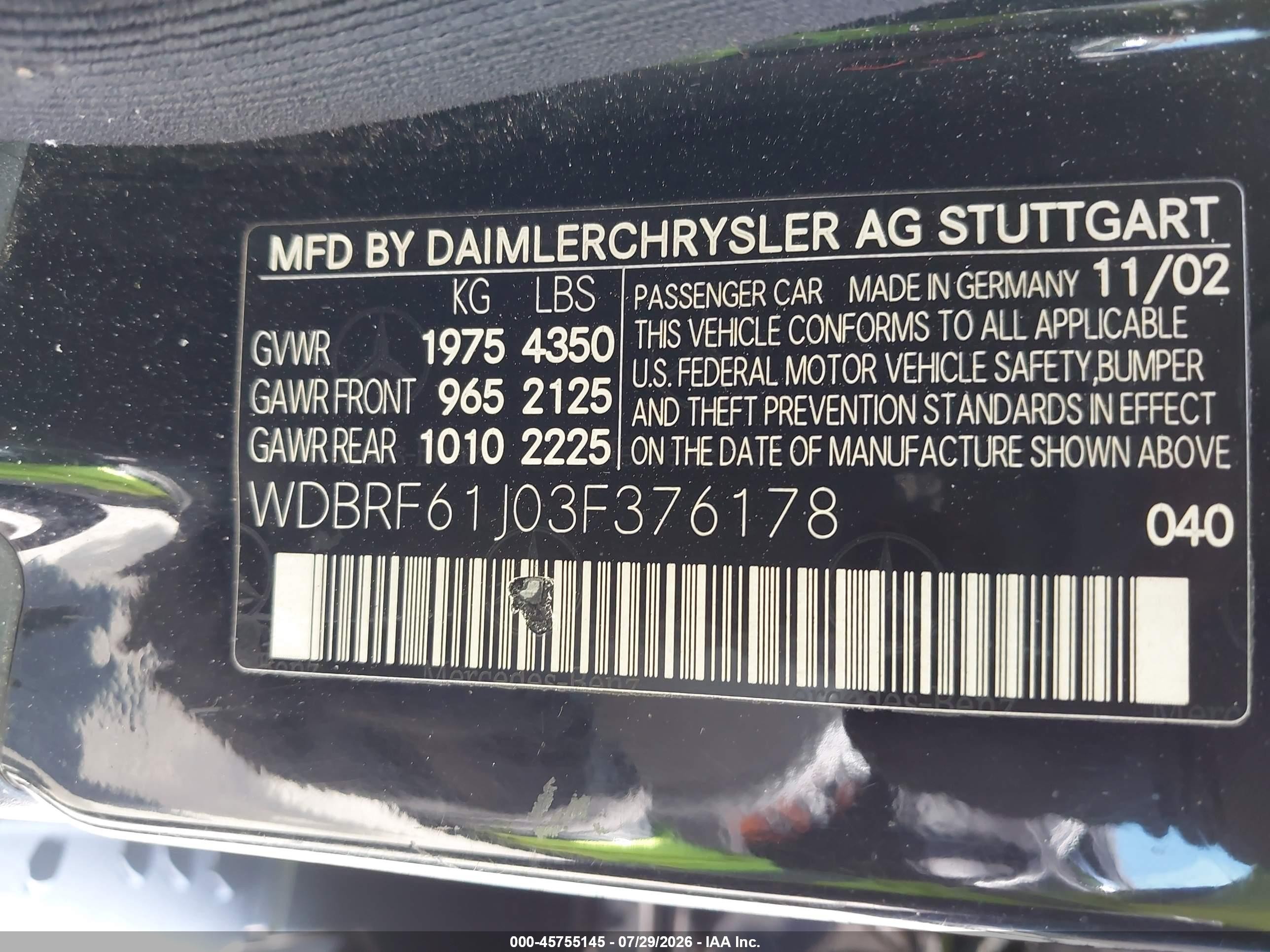 2003 Mercedes-benz C 240   Black vin: WDBRF61J03F376178