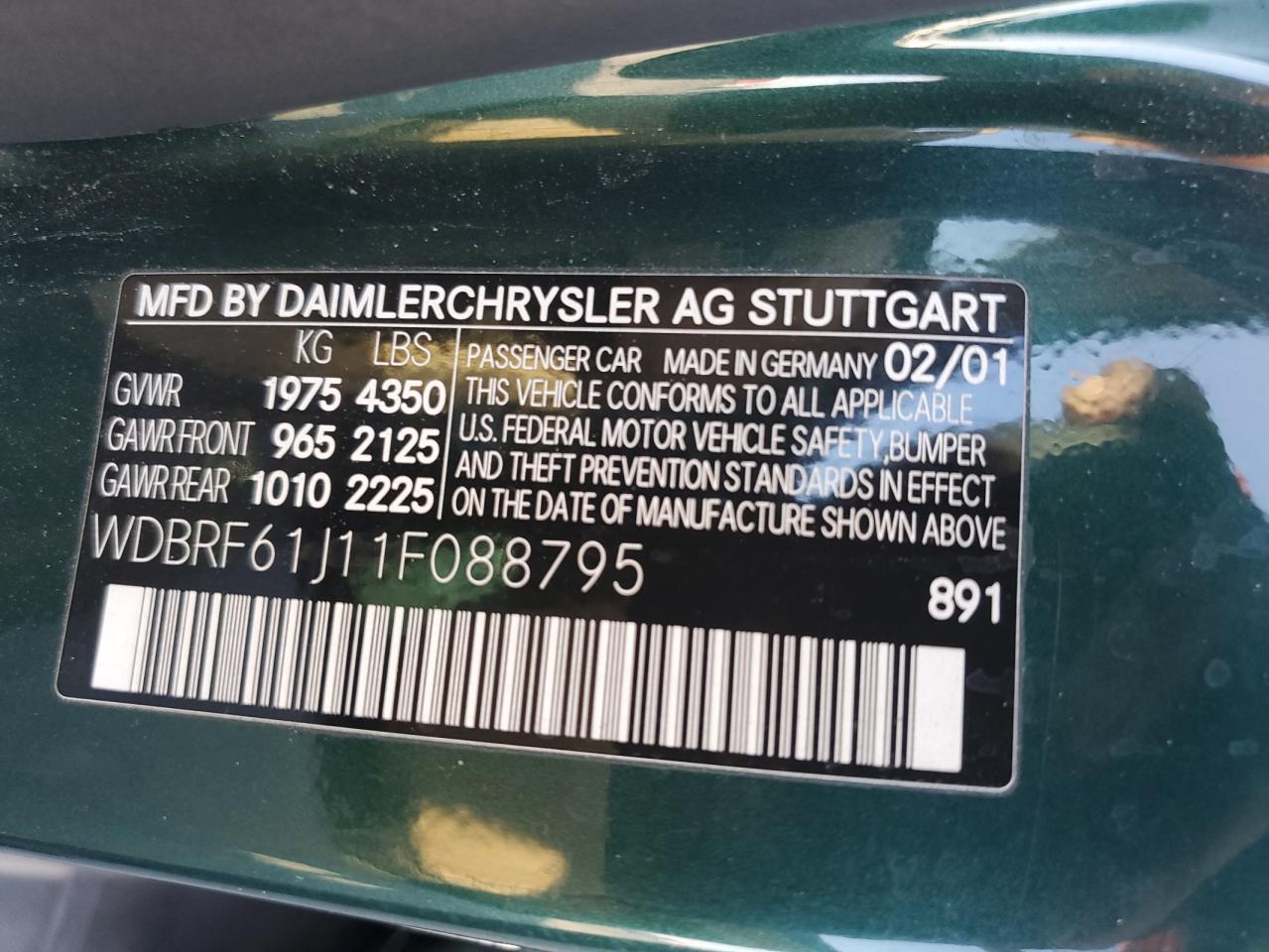 2001 Mercedes-benz C 240 Green vin: WDBRF61J11F088795