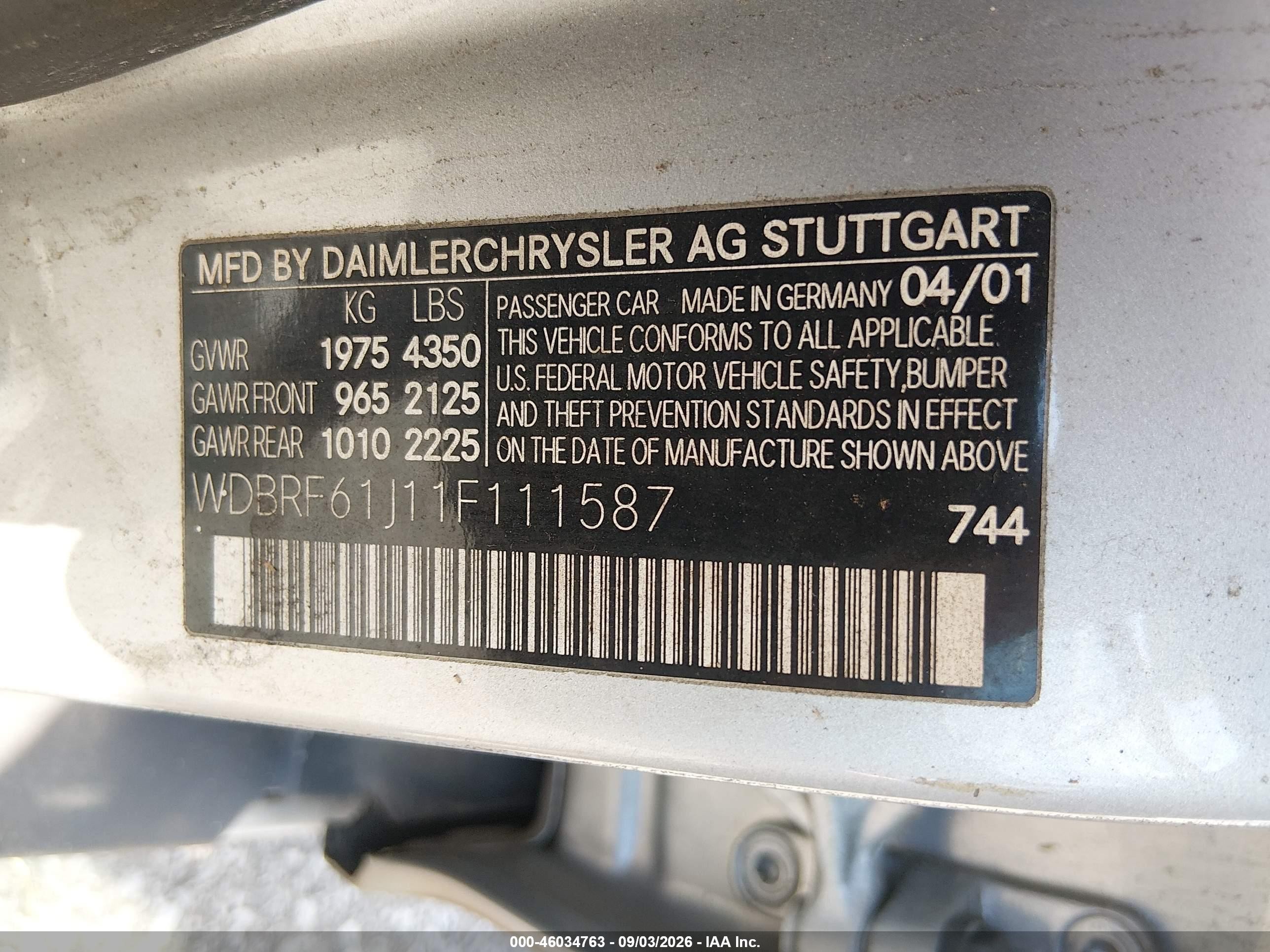 2001 Mercedes-benz C 240   Silver vin: WDBRF61J11F111587