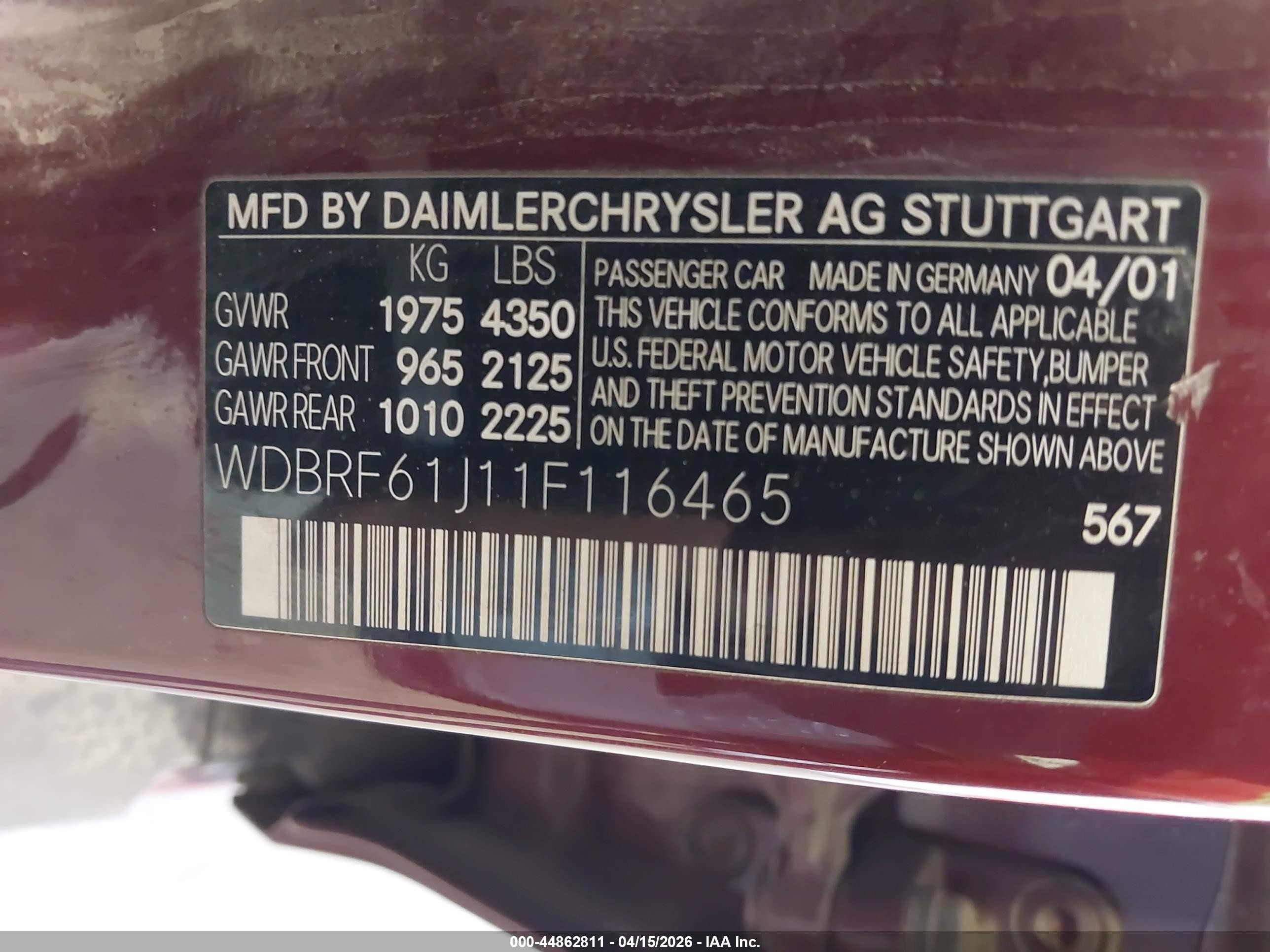 2001 Mercedes-benz C 240   Burgundy vin: WDBRF61J11F116465