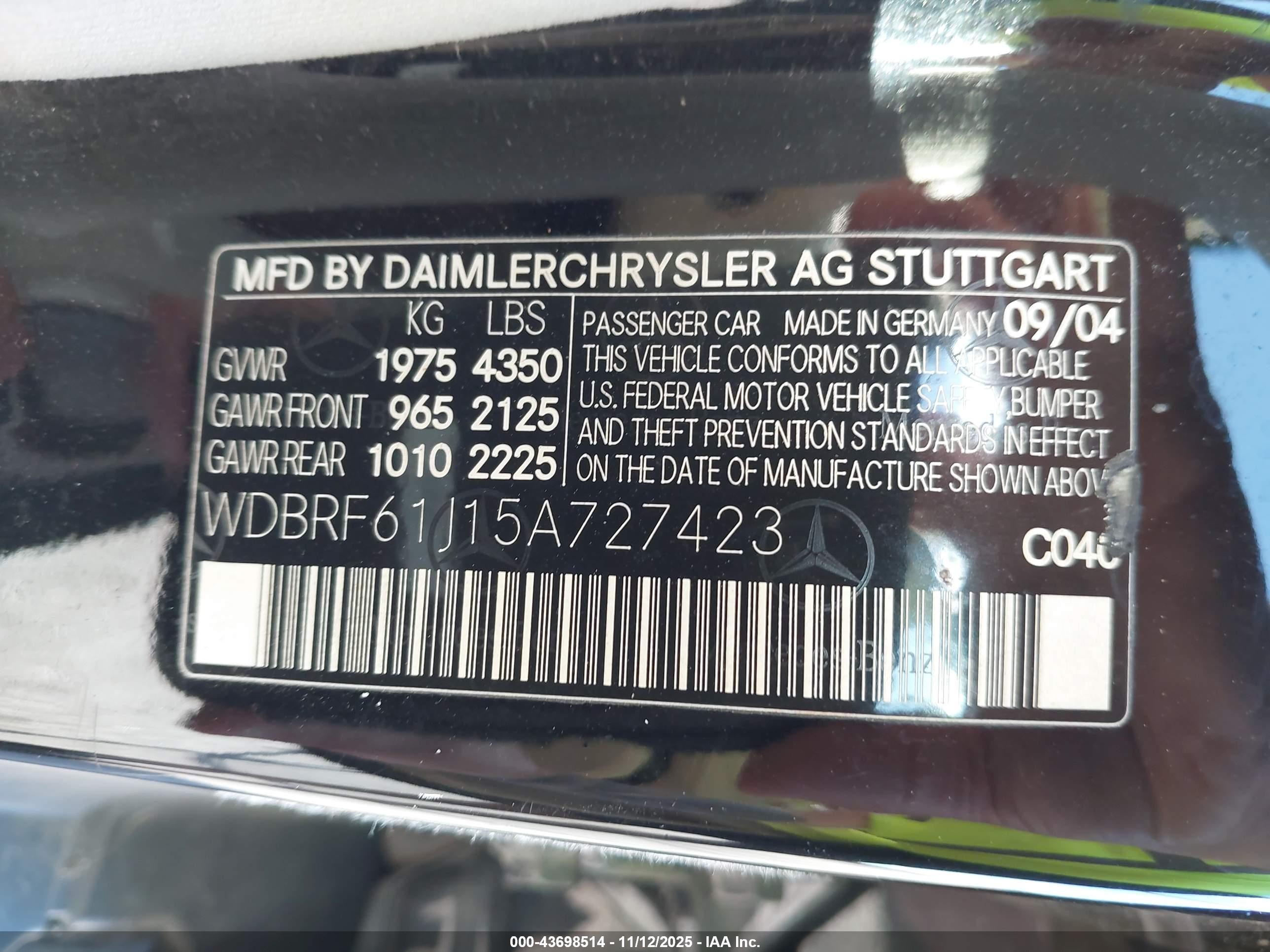 2005 Mercedes-benz C 240 Luxury Black vin: WDBRF61J15A727423
