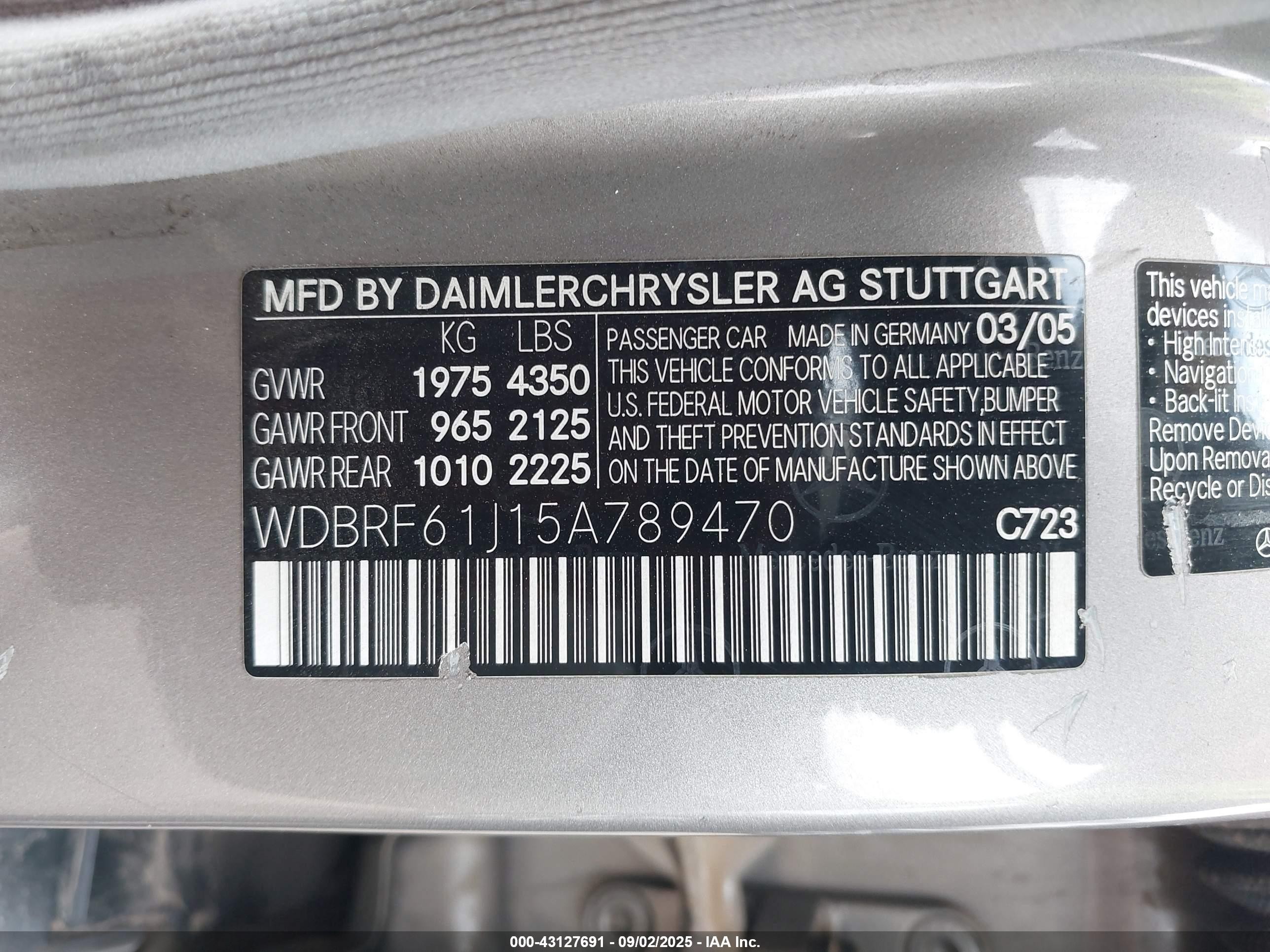 2005 Mercedes-benz C 240 Luxury Gray vin: WDBRF61J15A789470