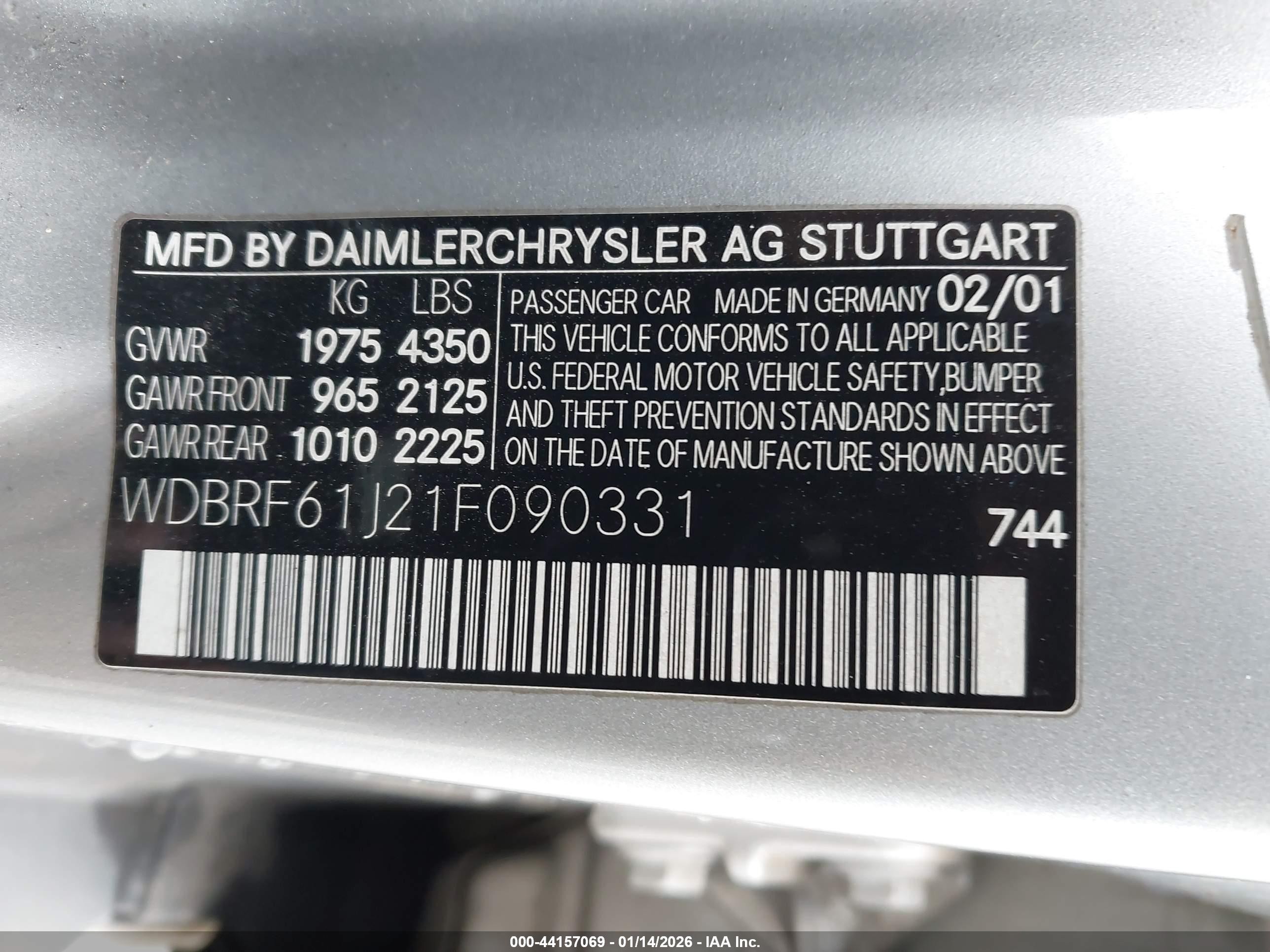 2001 Mercedes-benz C 240   Silver vin: WDBRF61J21F090331