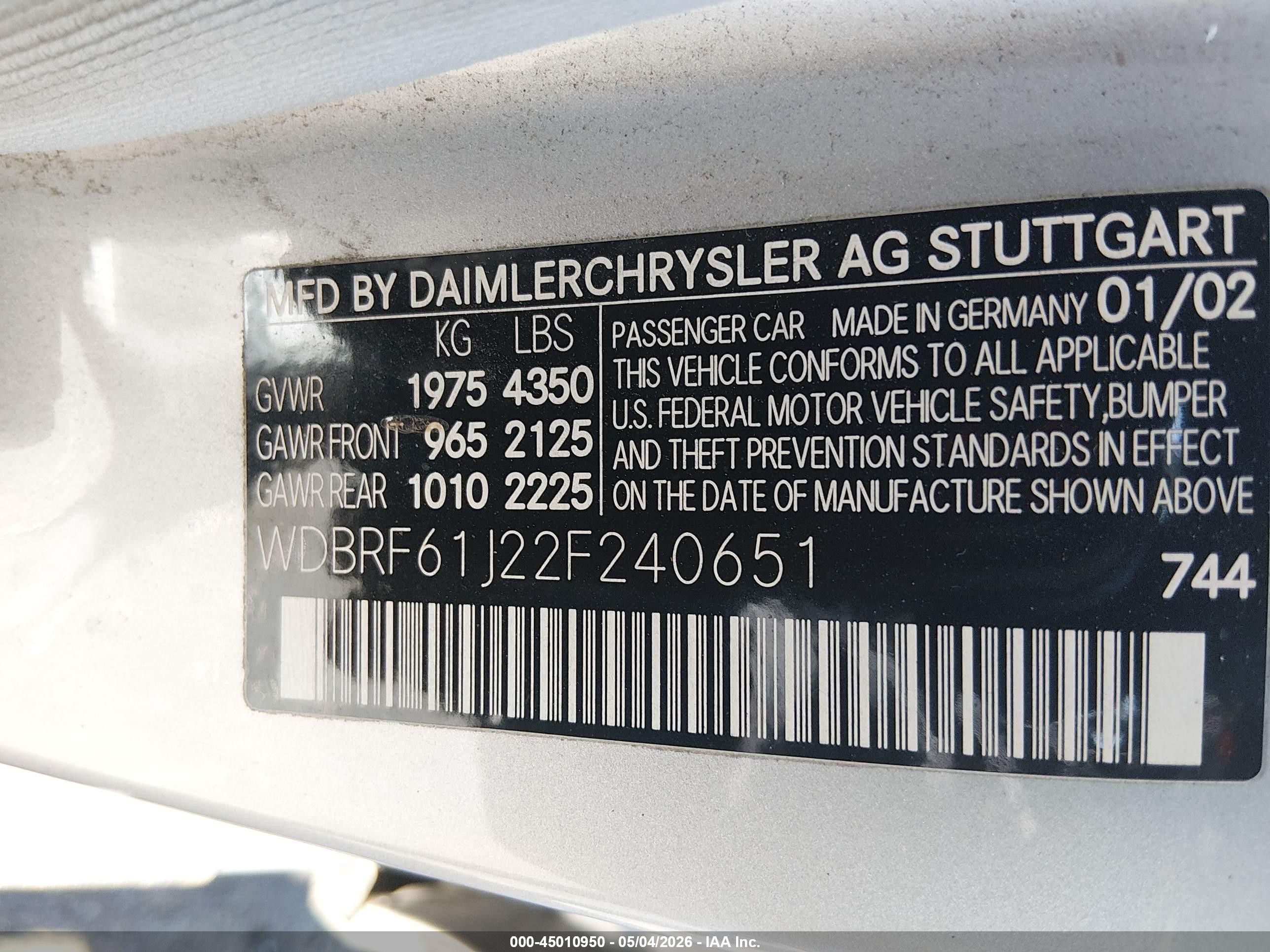 2002 Mercedes-benz C 240   Серебряный vin: WDBRF61J22F240651
