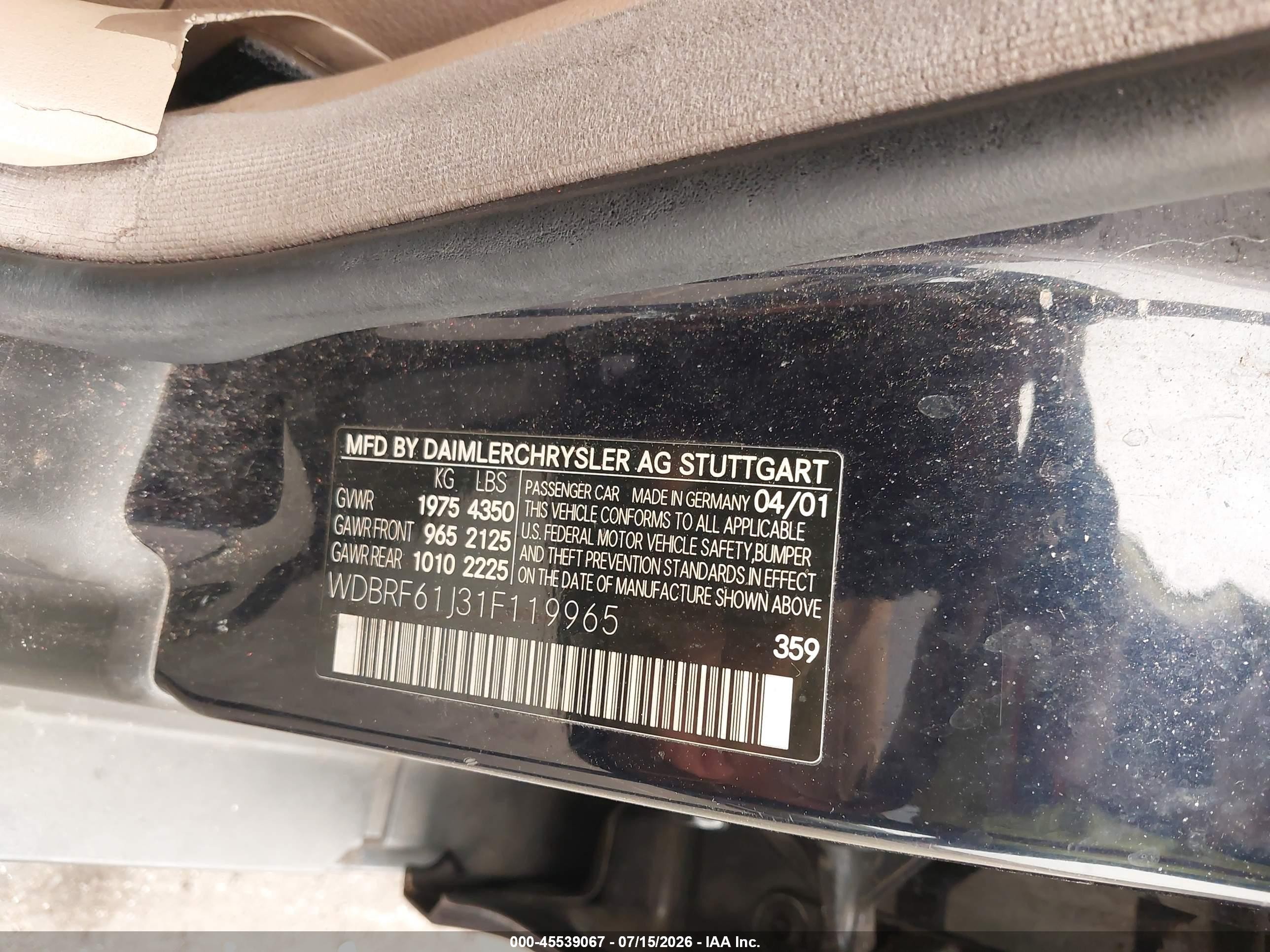 2001 Mercedes-benz C 240   Black vin: WDBRF61J31F119965