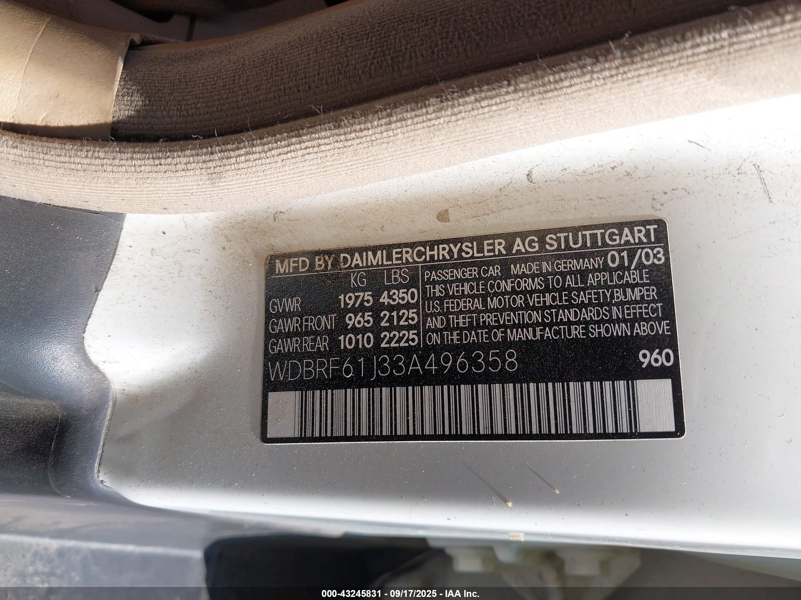 2003 Mercedes-benz C 240   Белый vin: WDBRF61J33A496358