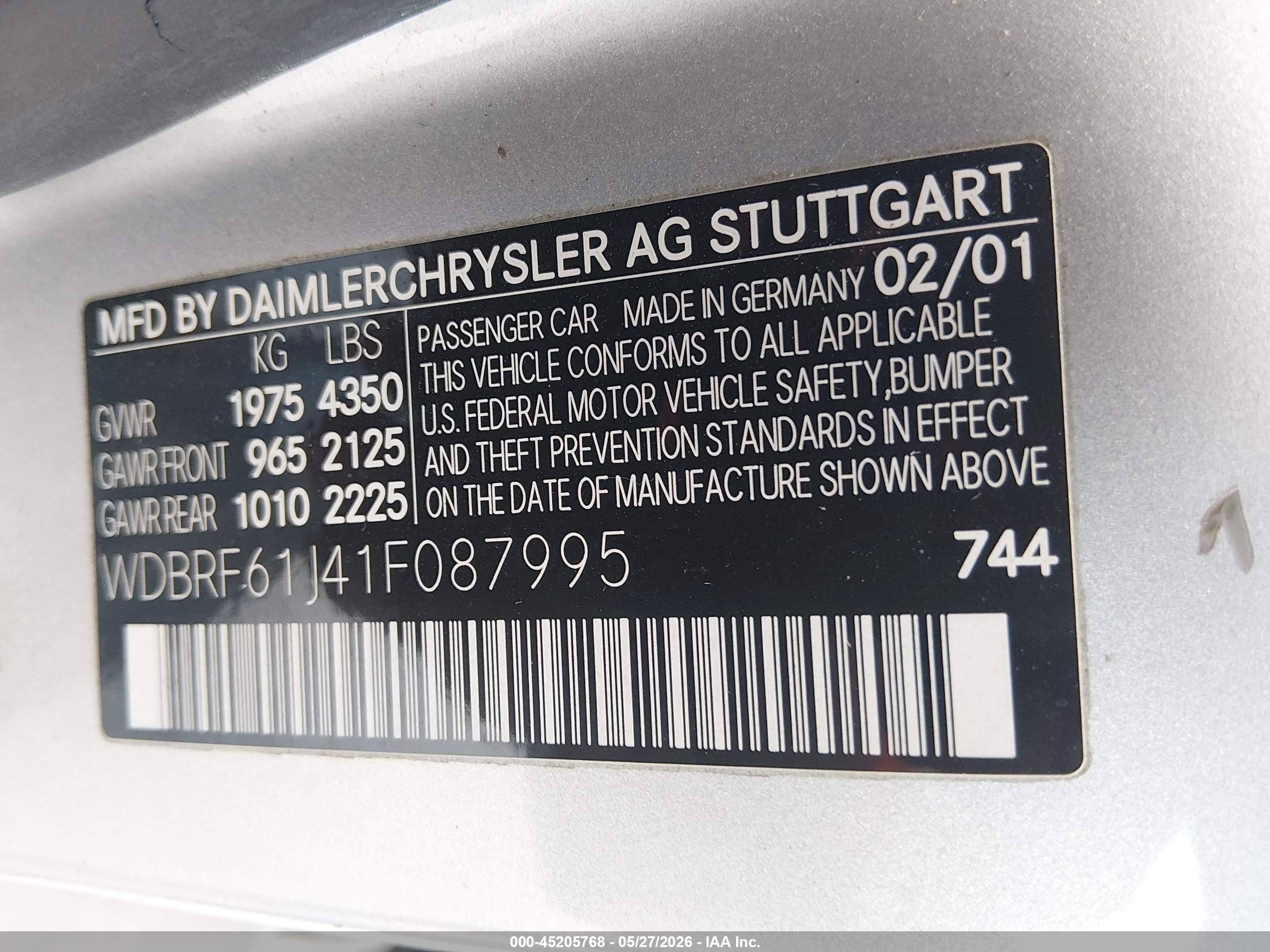 2001 Mercedes-benz C 240   Silver vin: WDBRF61J41F087995