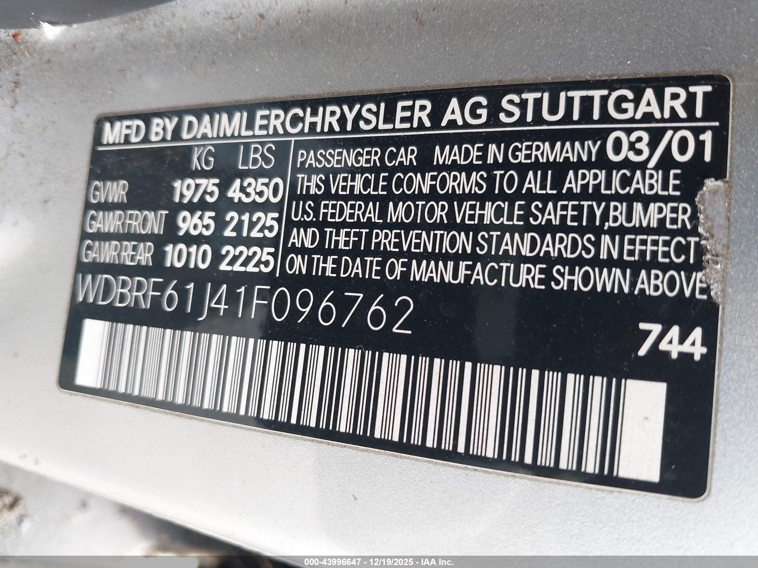2001 Mercedes-benz C 240   Silver vin: WDBRF61J41F096762