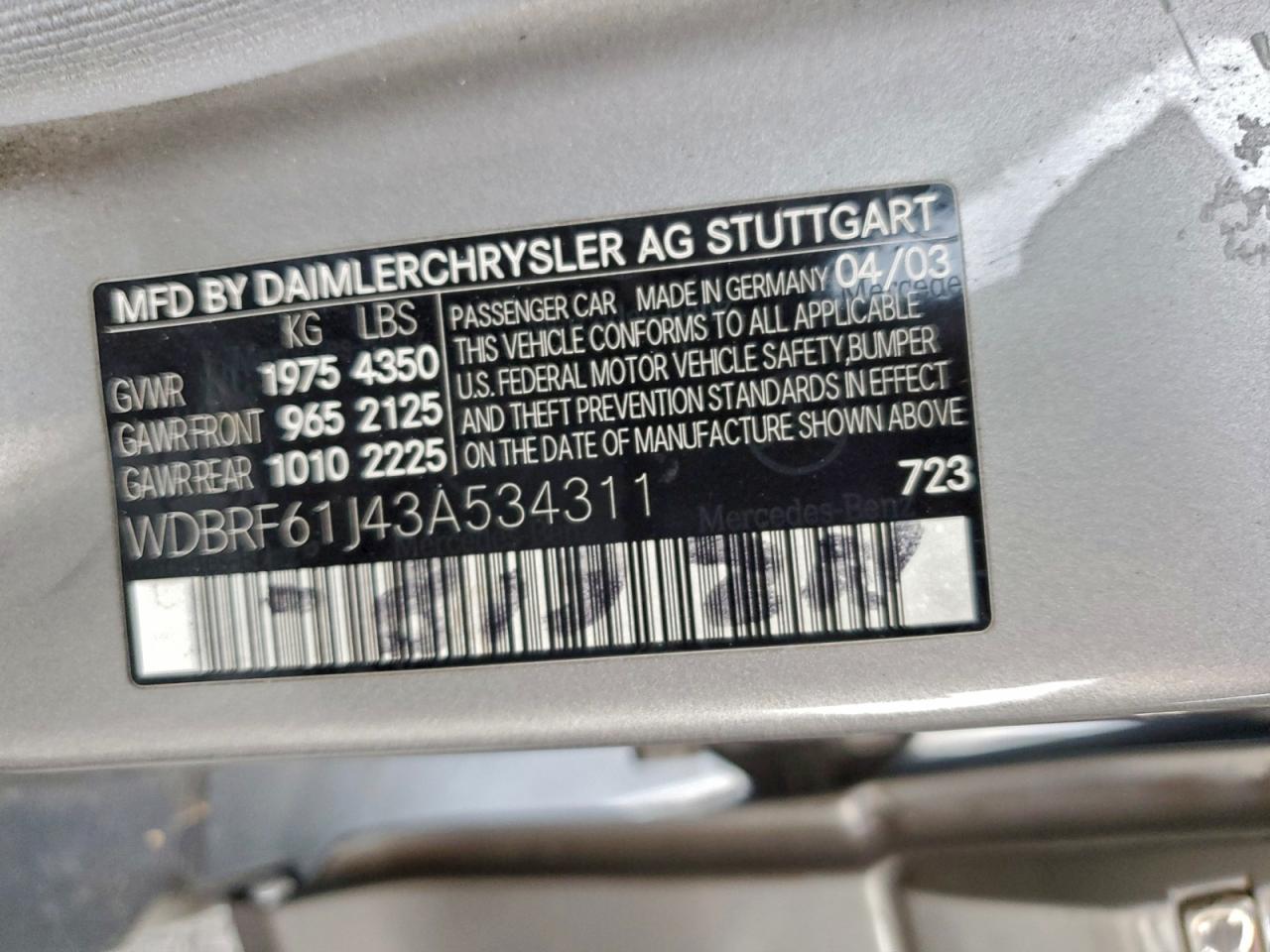 2003 Mercedes-benz C 240 Silver vin: WDBRF61J43A534311